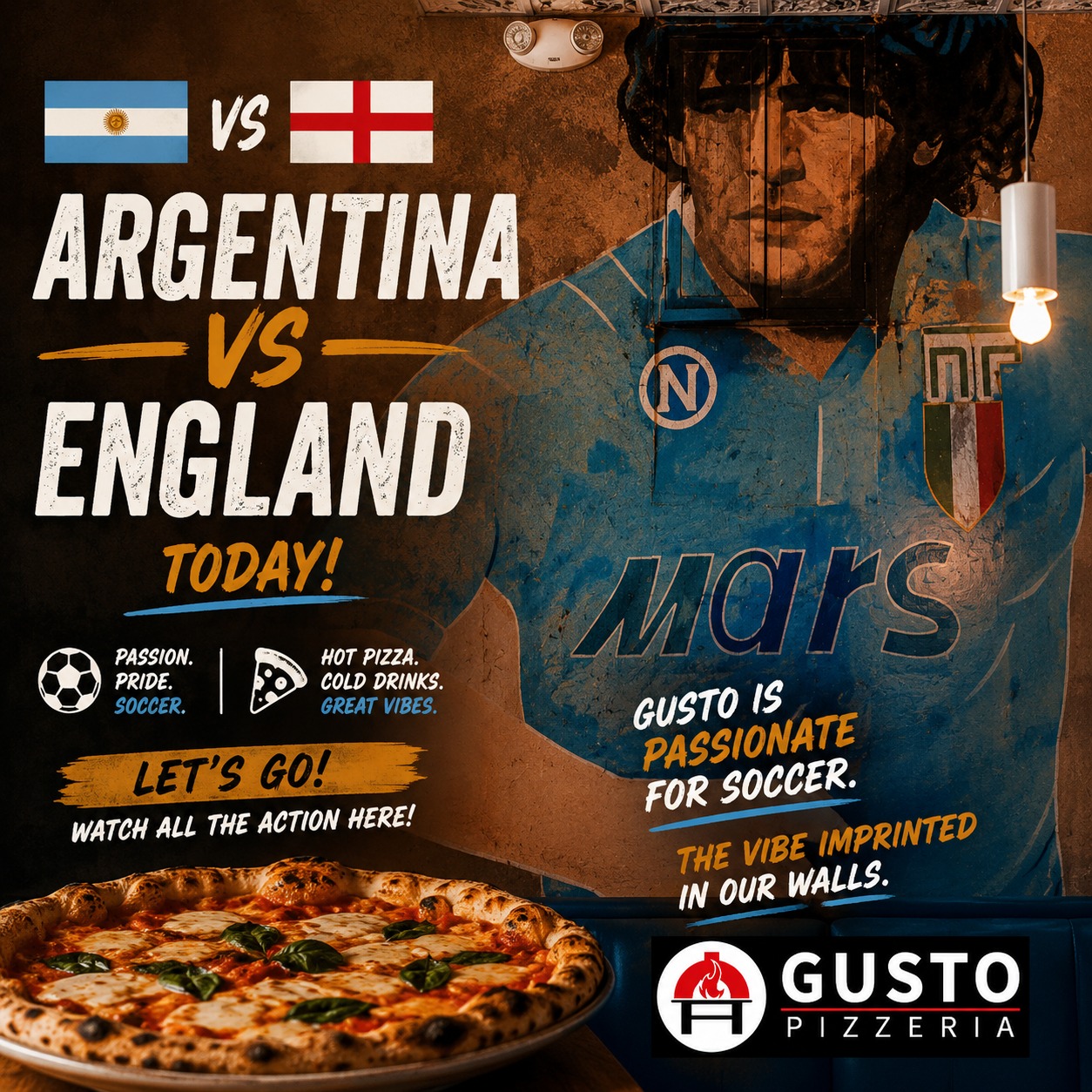 Some decorate with art. We decorate with passion. At Gusto, our love for the beautiful game is printed on our walls and lives in every match day. Join us for Argentina vs England and enjoy authentic wood-fired pizza.