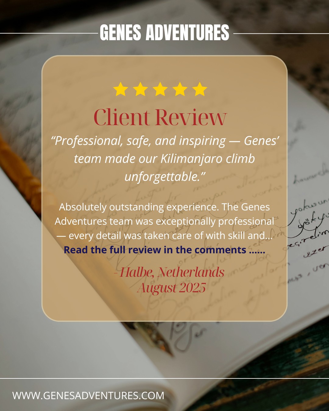 ⭐⭐⭐⭐⭐ Tuesday Client Review
A successful Kilimanjaro climb is about so much more than reaching the summit. 🏔️💛
It’s about feeling safe, being supported every step of the way, and sharing unforgettable moments with a team you can trust. Reviews like this remind us why we love doing what we do.
Here’s Halbe’s full review:
“Absolutely outstanding experience. The Genes Adventures team was exceptionally professional — every detail was taken care of with skill and care. Safety was proactive, the atmosphere full of humour and trust, and the leadership from Genes himself was remarkable. Even when plans changed, everything ran smoothly. A truly unique and unforgettable journey.”
— Halbe, Netherlands | Visited: August 2025
#genesadventures #kilimanjaro #clientreview #tanzania #rooftofafrica