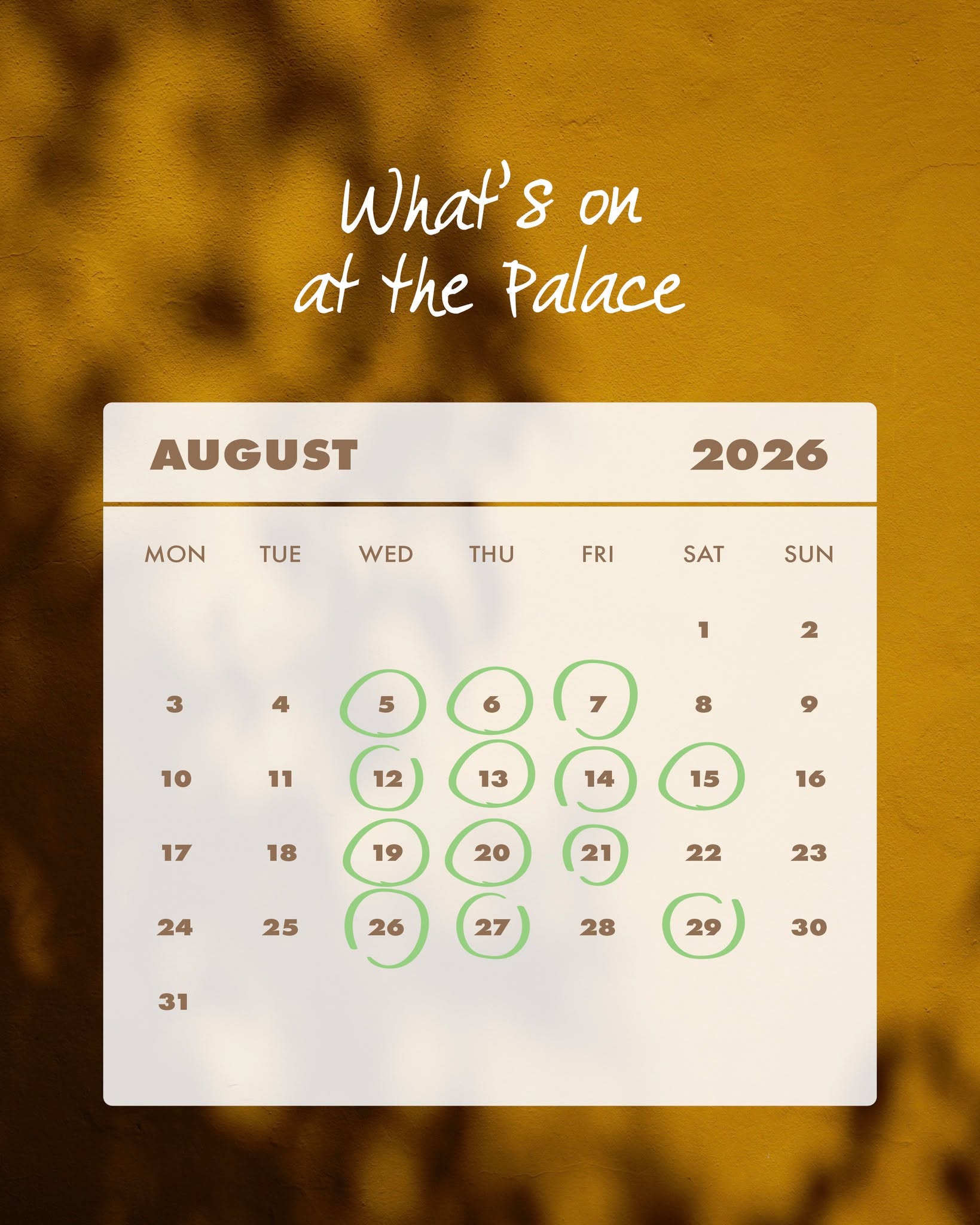 August at the Palace is going to be a good one. 🌿
This month brings Gin & Jam on Wednesdays, Jazz & Dine across Thursdays and Fridays, a Wine Pairing evening with Andrew Azzopardi, and Bistro & Beats with DJ Don Peltrinsky on the weekends. The gardens are waiting - and so are we.
Come find your favourite evening. Book your table - link in bio.