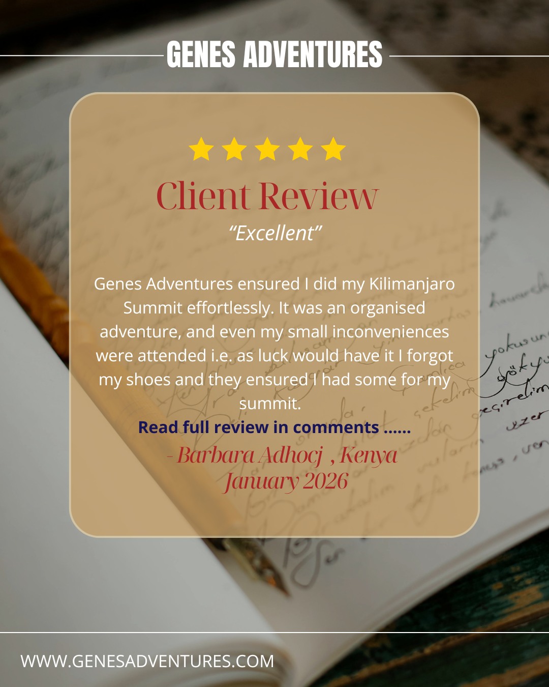 ⭐⭐⭐⭐⭐ Tuesday Client Review
It's often the unexpected moments that show the true value of a great team. 🏔️💛
Forgetting your hiking shoes could have been a disaster—but with the right people around you, it became just a small bump in an unforgettable Kilimanjaro adventure. From supportive guides and hardworking porters to delicious mountain meals, our entire crew was there every step of the way.
Here’s Barbara’s full review:
“Genes Adventures ensured I did my Kilimanjaro Summit effortlessly. It was an organised adventure, and even my small inconveniences were attended i.e. as luck would have it I forgot my shoes and they ensured I had some for my summit. Great guides on the trail, very informative but also cheery along the way and to rhe Summit, thank you to Goddie and Hemedi. Even the potters, zero damage to my items during transport and the cooks provided is with nutritious meals during our stay up the mountain. I wholeheartedly recommend the Genes Adventures.”
— Barbara Adhocj, Kenya | Visited: January 2026
#genesadventures #kilimanjaro #clientreview #tanzania #rooftofafrica