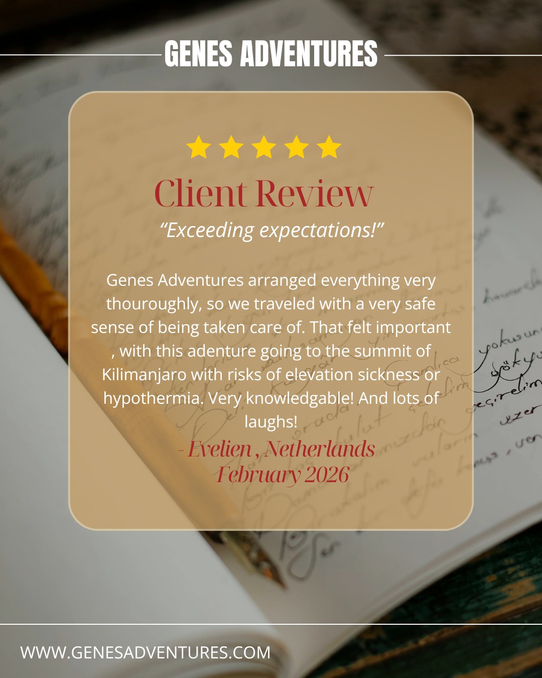 ⭐⭐⭐⭐⭐ Tuesday Client Review
Feeling safe on Kilimanjaro makes all the difference. 🏔️💛
Careful preparation, experienced guidance, and plenty of laughter helped Evelien enjoy the challenge with confidence from start to finish.
Thank you, Evelien, for trusting Genes Adventures with your Kilimanjaro journey!
#genesadventures #kilimanjaro #safetyfirst #clientreview #tanzania