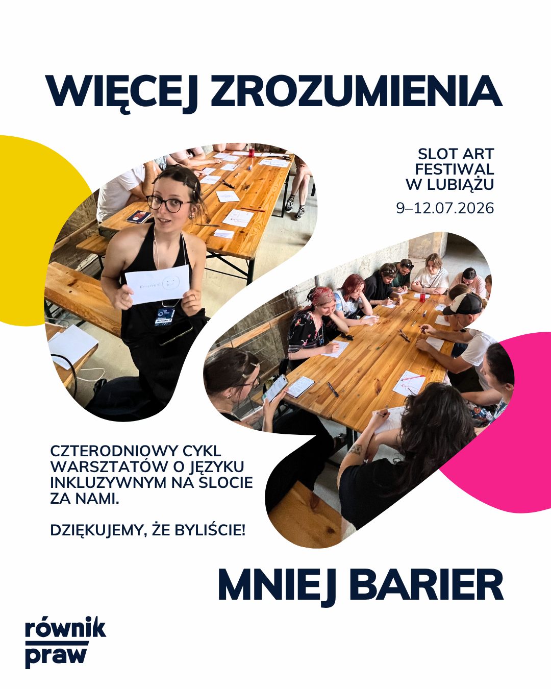 W ubiegły weekend na Slot Art Festiwal w Lubiążu odbył się czterodniowy cykl warsztatów o języku inkluzywnym.
Podczas spotkań rozmawialiśmy o języku równościowym, sposobach mówienia o zdrowiu, chorobie i niepełnosprawności, feminatywach oraz o tym, jak mówić o społeczności LGBTQ+. Zastanawialiśmy się również, jak świadome używanie języka wpływa na nasze relacje i sposób postrzegania innych.
Warsztaty prowadziły Aleksandra Koziołek, psycholożka i edukatorka seksualna, oraz Marta Andrysiak, magistrantka psychologii i edukatorka seksualna. Dzieliły się swoją wiedzą i doświadczeniem, zachęcając do otwartej rozmowy, zadawania pytań i wspólnego szukania odpowiedzi.
Każde spotkanie pokazywało, że sposób, w jaki mówimy, ma znaczenie.
To były cztery dni pełne rozmów, pytań i inspirujących spotkań.