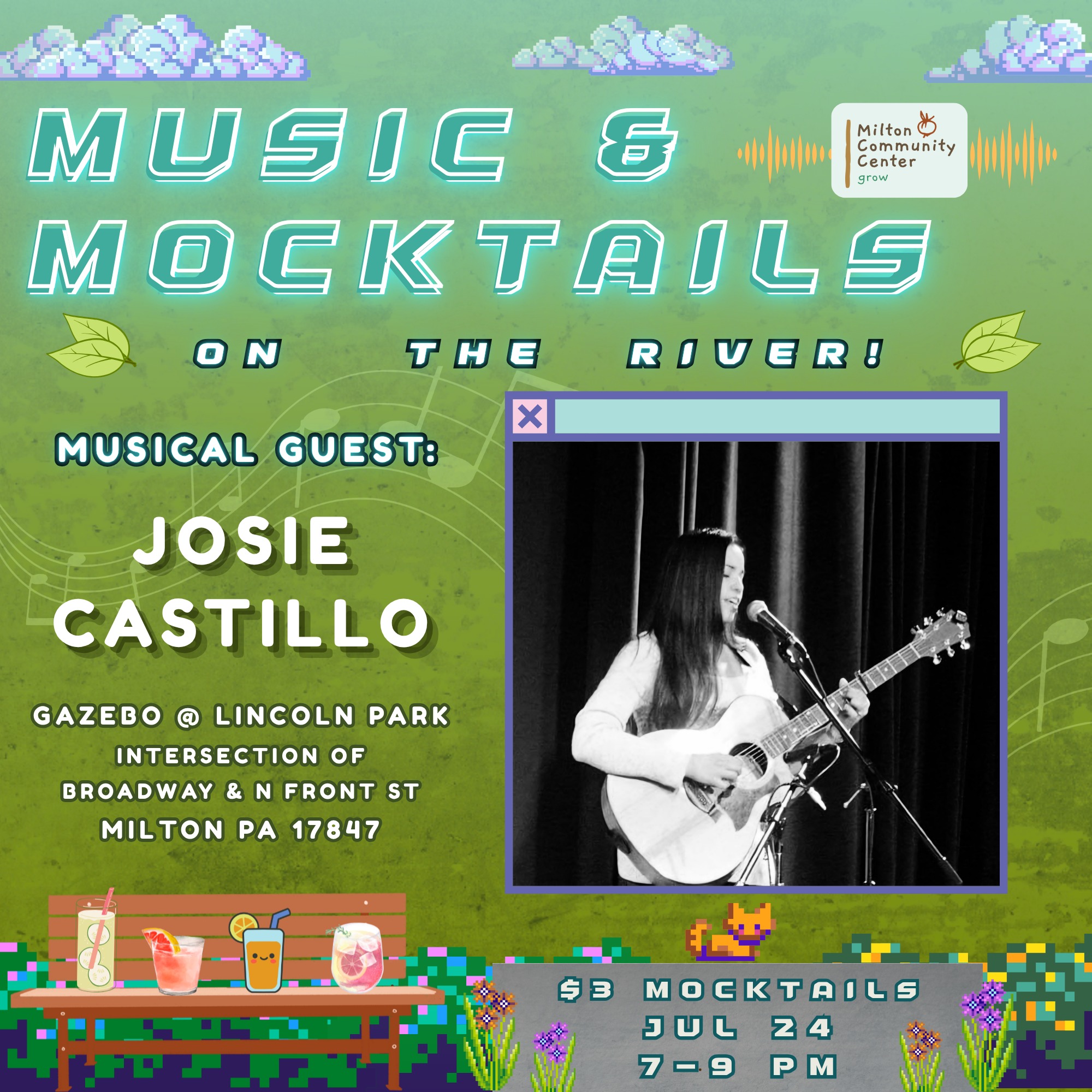 πΆ Join us TONIGHT for Music & Mocktails on the River! πΉπ³
Spend your Friday evening enjoying live music, refreshing mocktails, and great company at the Lincoln Park Gazebo in Milton!
π€ Live Music by Josie Castillo
πΉ Mocktails for just $3
π 7β9 PM
π Lincoln Park Gazebo (Intersection of Broadway & N. Front St.), Milton, PA
Bring your lawn chair or a blanket, relax under the summer sky, and enjoy an evening with friends, family, and neighbors. We can't wait to see you there!
#MusicAndMocktails #MiltonPA #DowntownMilton #LiveMusic #SummerNights #CommunityEvents #SupportLocal #Mocktails #FamilyFriendly