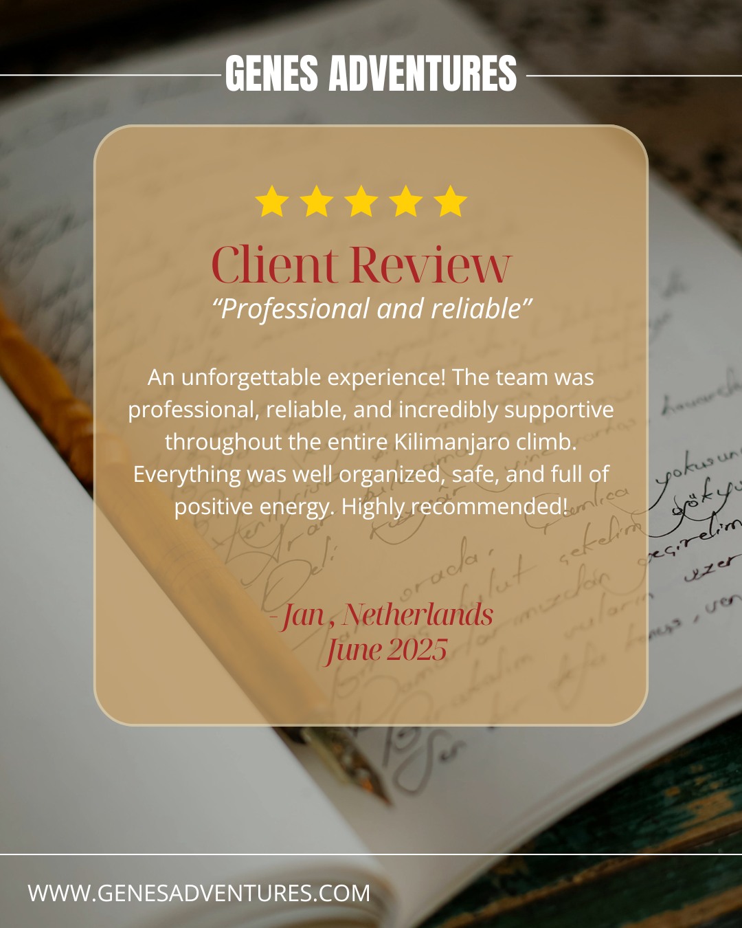 ⭐⭐⭐⭐⭐ Tuesday Client Review
Every successful Kilimanjaro climb starts with trust. 🏔️💛
Our mission is simple: create a safe, well-organized adventure where you can enjoy every step of the journey, supported by a professional team and surrounded by positive energy.
Thank you, Jan, for your kind words. Reviews like yours inspire us to keep giving every climber the very best experience on Africa's highest mountain.
#genesadventures #kilimanjaro #clientreview #tanzania #rooftofafrica