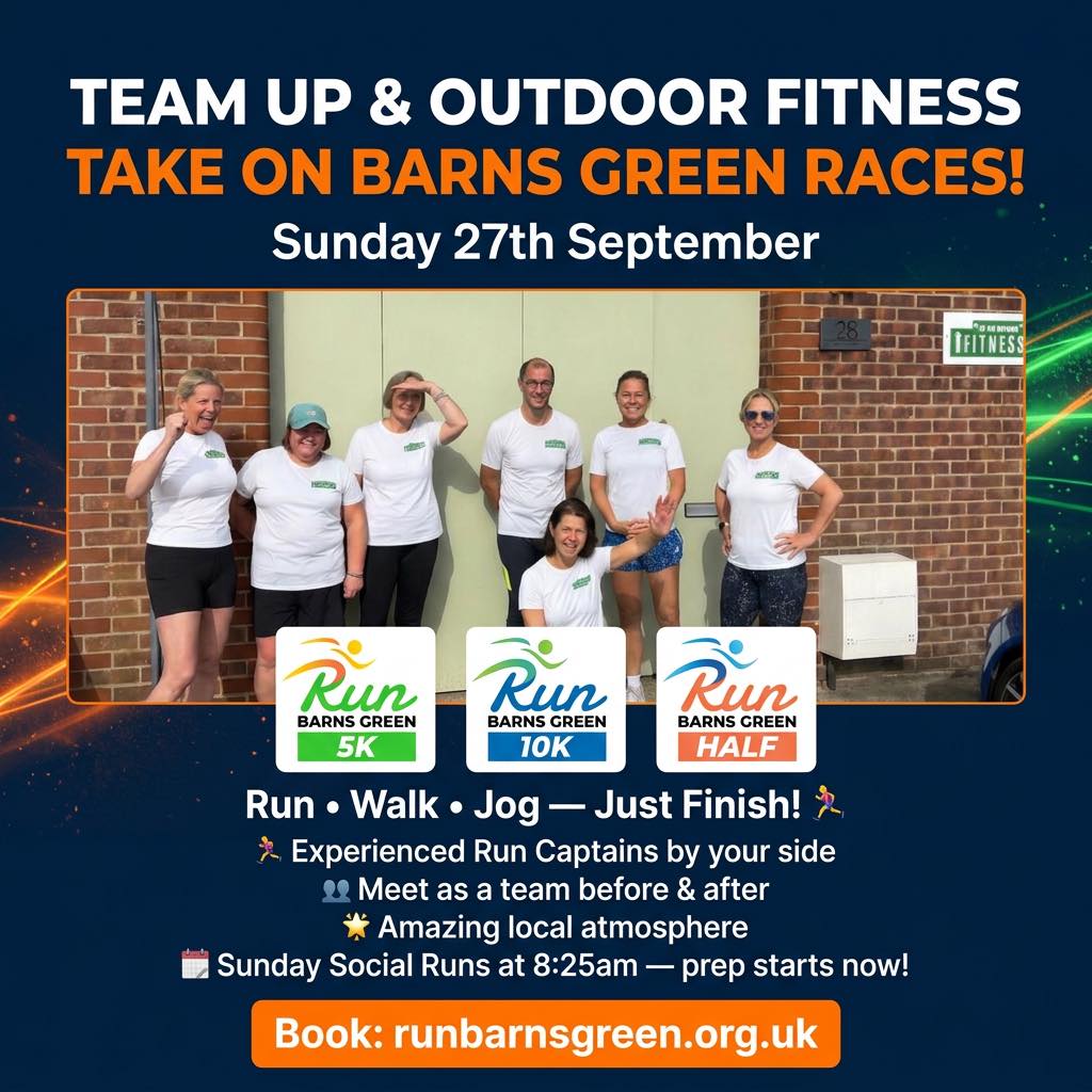 🏃 BARNS GREEN RUN — SUNDAY 27TH SEPTEMBER 🏃
This one is on the calendar and we are SO excited! 🙌
The Barns Green Run is a brilliant local event with an amazing atmosphere and we'd love as many of you to join us as possible. Whether you're running, jogging, or walking — this is for YOU!
Here's everything you need to know:
✅ Distance options: 5km, 10km or Half Marathon
✅ Our experienced run captains will be there as friendly faces throughout
✅ The goal is simple — START, FINISH, enjoy every step in between!
✅ We meet as a team BEFORE the event AND celebrate together AFTER
✅ No pressure on pace, no pressure on distance — run it, walk it, jog it — however you get from that start line to the finish line is a WIN 🏅
We want you to enjoy the day, soak up the atmosphere, and feel the buzz of doing something brilliant together as a community.
Getting prepared? Our Sunday Social Runs at 8:25am are the PERFECT way to build your confidence and get your legs ready in the weeks leading up to the event. Come along and get those miles in with us! 💪
Ready to sign up? Book your place directly through the official event website:
👉 https://runbarnsgreen.org.uk
Drop a comment below if you're in — let's build that team list! 👇 Who's joining us?
#BarnsGreenRun #UpAndOutdoorFitness #Billingshurst #RunningCommunity #5K #10K #HalfMarathon #SundayRunClub #FitnessFamily #CommunityRun #RunWalkJog #LocalEvents #BillingshursFitness #GetOutside #RunForFun