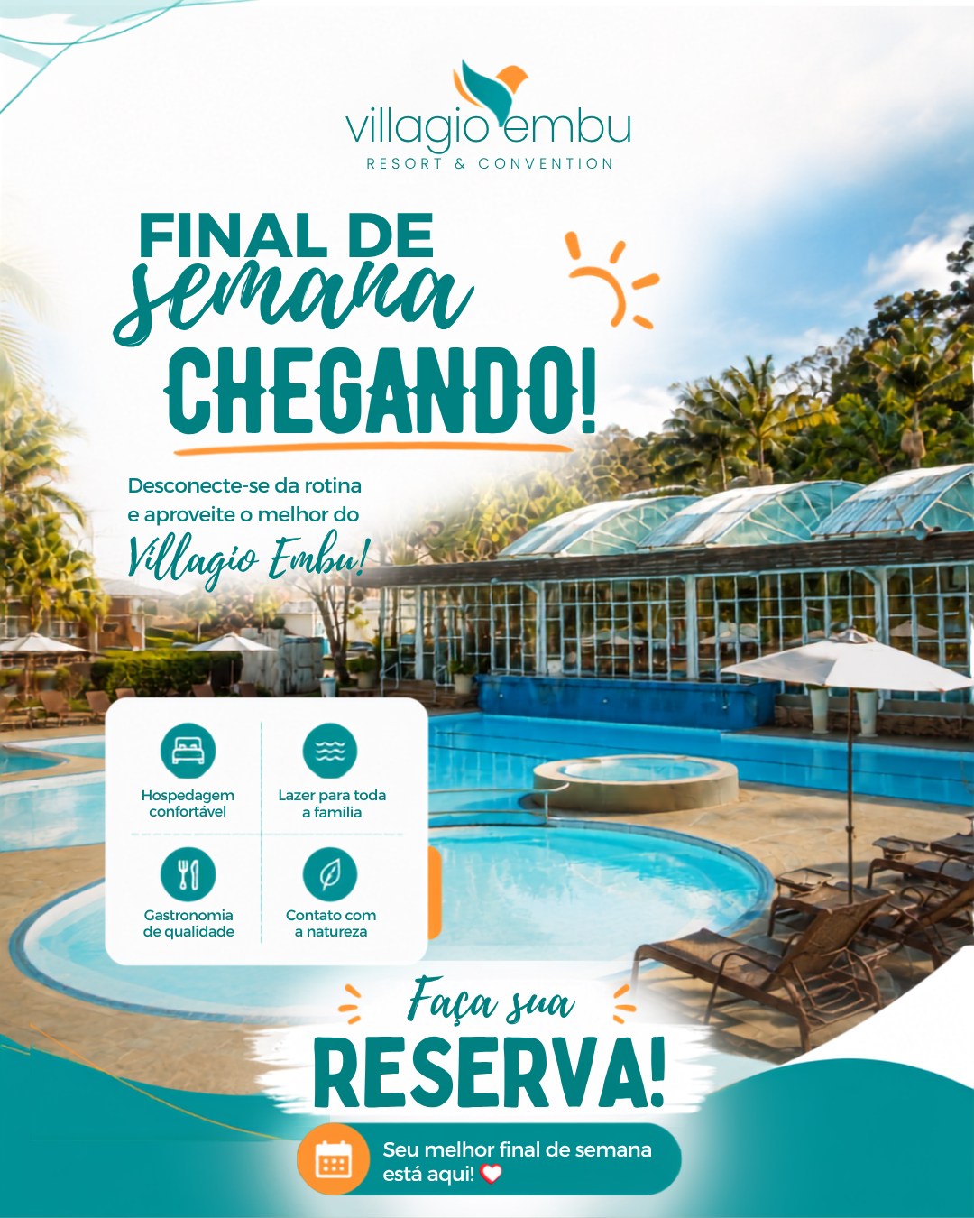O fim de semana está chegando. Que tal viver dias de descanso e lazer no Villagio Embu?
A apenas 30 minutos de São Paulo, você encontra o cenário ideal para relaxar, aproveitar momentos em família e renovar as energias.
Desfrute de:
• Piscinas climatizadas e ao ar livre
• Gastronomia de qualidade
• Atividades para todas as idades
• Muito contato com a natureza
• Hospedagem com conforto e tranquilidade
Faça sua reserva e venha aproveitar um fim de semana inesquecível no Villagio Embu Resort & Convention.
#VillagioEmbu #FimDeSemana #Resort #EmbuDasArtes #Hospedagem #Lazer #Natureza #PertoDeSãoPaulo