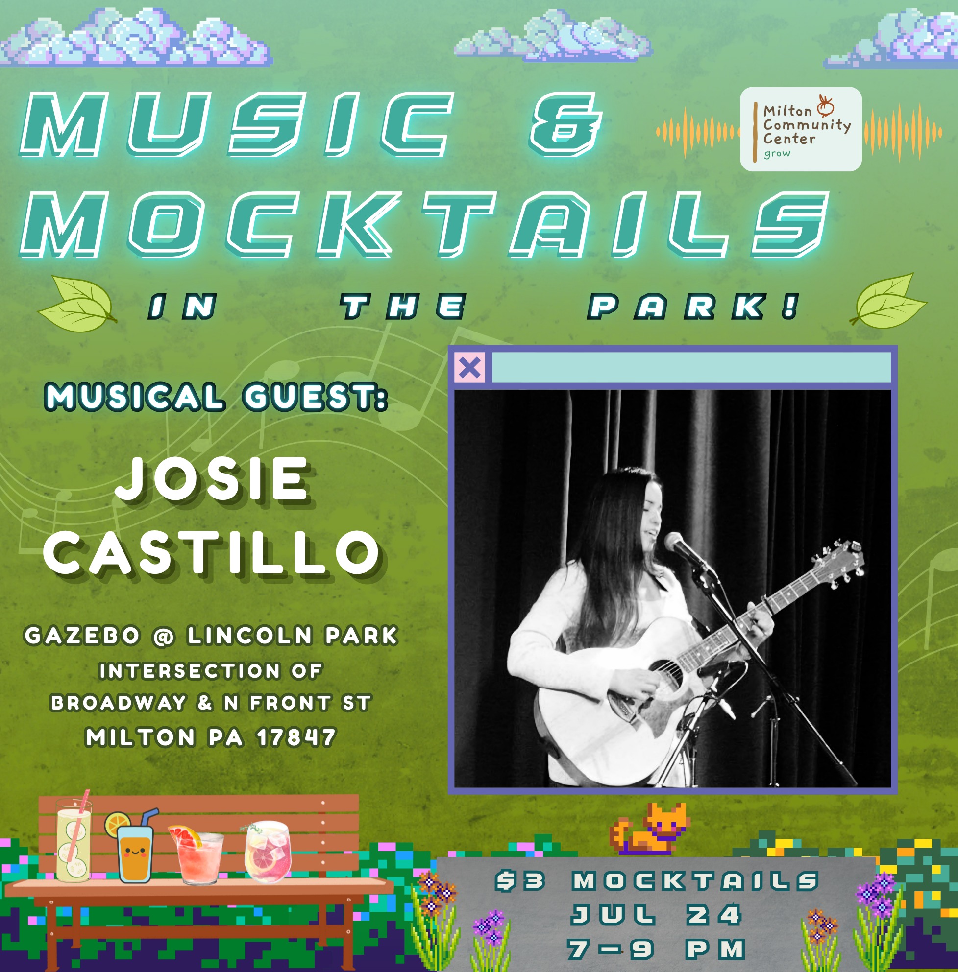 Tonight! Music & Mocktails in the Park featuring the incredible Josie Castillo at the Lincoln Park gazebo.
$3 mocktails β’ 7β9 PM β’ Bring a chair and enjoy a summer night in Milton!
Tonight's featured mocktails include Lavender Lemon Fizz & Peach Mint Cooler- yum!