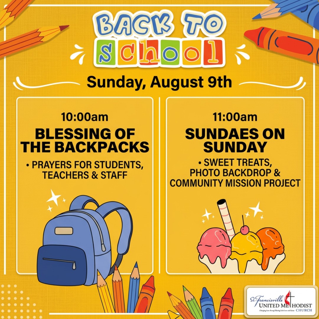 We are getting excited about this year’s Back to School Sunday. Join us on August 9th at 10am for worship and the Blessing of the Backpacks. We are also kicking off our new worship series: Back to Center. Then right after worship we'll head to the Fellowship Hall for Sundaes on Sunday! They'll be ice cream Sundaes and other treats. We’ll have a photo back drop station to capture your back to school moments and an opportunity for everyone to participate in a community mission project!