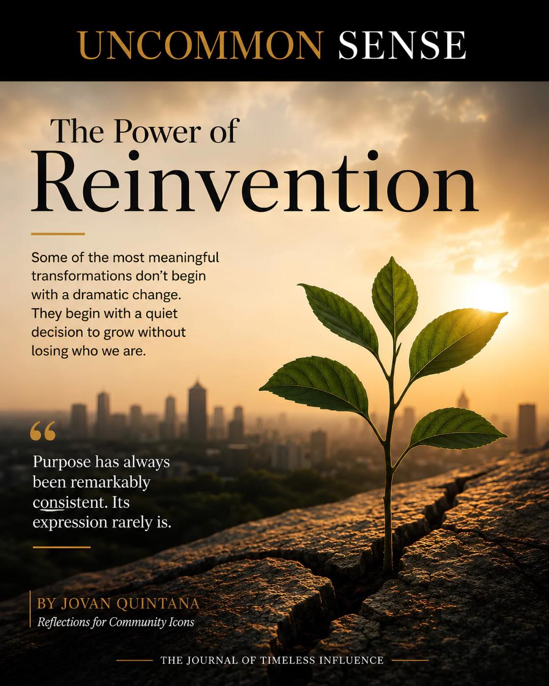 Reinvention does not always ask us to become someone new. Sometimes, it asks us to become more honest about what still matters—and more courageous about how we carry it forward.
Purpose can remain steady, even as its expression changes. New branches do not betray the tree; they help it reach the light.
The Power of Reinvention, a new Uncommon Sense reflection by Jovan Quintana.
https://www.communityicons.online/post/the-power-of-reinvention (https://www.communityicons.online/post/the-power-of-reinvention)