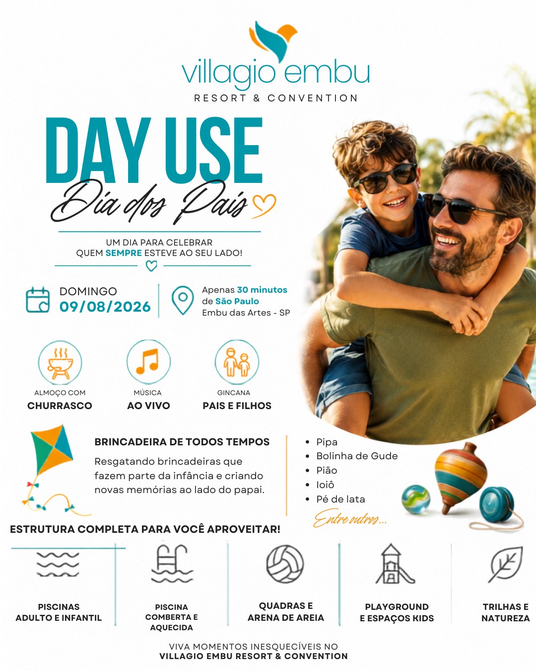Um Dia dos Pais especial para aproveitar bons momentos em família e criar novas memórias no Villagio Embu.
No dia dos Pais, prepare-se para uma experiência completa com:
🍖 Almoço com Churrasco
🎶 Música ao vivo
👨👧👦 Gincana Pais e Filhos com brincadeiras de todos os tempos
Uma programação pensada para resgatar momentos da infância e aproximar pais e filhos através de brincadeiras que atravessam gerações:
* Pipa
* Bolinha de gude
* Pião
* Ioiô
* Pé de lata
* E muito mais!
Além da programação especial, você poderá aproveitar toda a estrutura de lazer do Villagio Embu: piscinas, áreas infantis, espaços esportivos, natureza, conforto e atividades para toda a família.
Localizado em Embu das Artes, a poucos minutos de São Paulo, o Villagio Embu é o destino ideal para quem busca um dia diferente sem precisar se afastar da capital.
Garanta seu Day Use de Dia dos Pais e viva momentos que ficarão na memória.
📍 Villagio Embu Resort & Convention
📲 Reservas e informações pelo WhatsApp
#DayUse #DiaDosPais #VillagioEmbu #EmbuDasArtes #PasseioEmFamilia #SãoPaulo