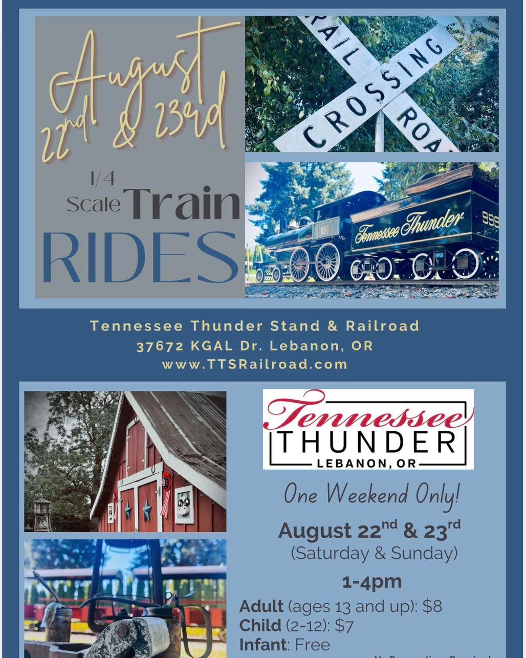 Look who’s finally opening… for ONE WEEKEND ONLY!
(And yes, this is the same flyer we’ve used several times. But at least it isn’t AI. 😜)
August 22nd & 23rd
1:00 to 4:00 PM
Come enjoy a 10 to 12 minute train ride through our 4 acre private park, plus plenty to explore before or after your ride!
Admission
Adult (ages 13 and up): $8
Child (ages 2 to 12): $7
1 and under: Free
Second ride is half price.
Your paid ticket also includes access to the park, where you can enjoy:
📸 Photo opportunities
📝 Scavenger hunt
🏃 Room to roam
No reservations needed. Rides are first come, first ride.
Cash is preferred. Cards are accepted with a processing fee.
Who’s coming to ride with us?