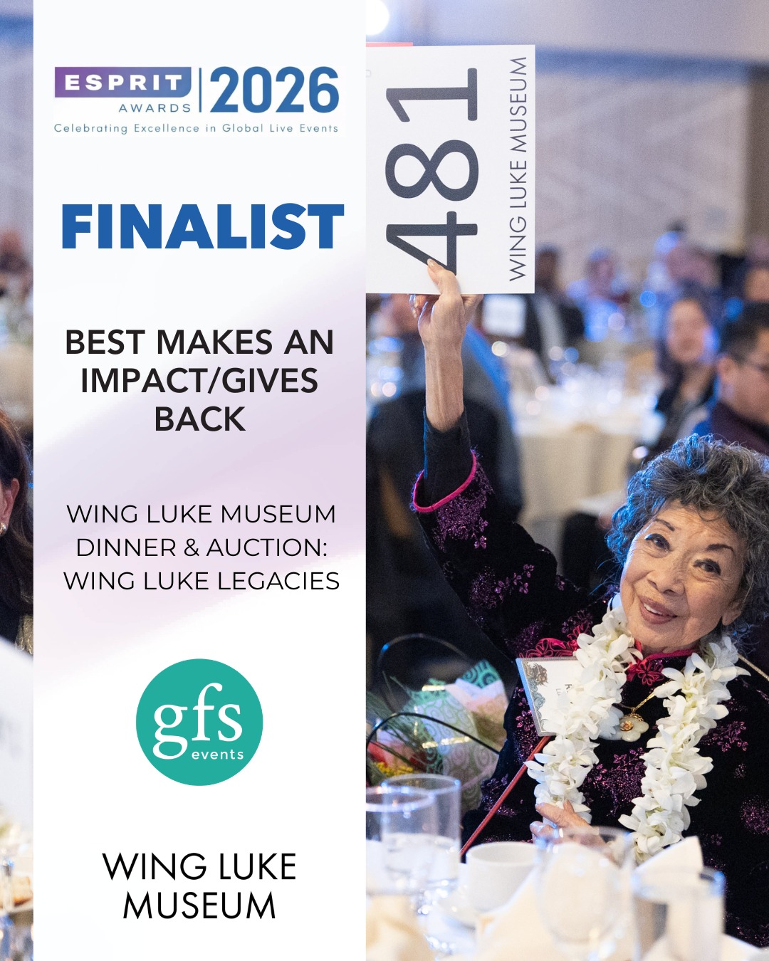 🎉 We’re honored to share some exciting news!
GFS Events has been nominated for not one, but THREE 2026 ILEA Esprit Awards—an international recognition of excellence in the live events industry!
🏆Makes an Impact/Gives Back
Nominated Event: Wing Luke Museum Dinner & Auction: Wing Luke Legacies
A night of community, history, and impact honoring Wing Luke’s legacy in the heart of Seattle's Chinatown International District
🏆Best Overall Public Event
Nominated Event: Furry 5K
A community 5K walk/run raising funds to support care and adoption services at the Seattle Animal Shelter
🏆Best Diversity, Equity, & Inclusion Initiative
Nominated Event: Wing Luke Museum Dinner & Auction: Wing Luke Legacies
A powerful evening celebrating Wing Luke's legacy in the Seattle Chinatown International District and beyond
Presented by @ileahq, the Esprit Awards honor the most outstanding and impactful events of the year—and we’re thrilled to be among this year’s nominees!
#gfsevents #nonprofitfundraising #ESPRIT #ILEA
@winglukemuseum
Photographer: @truongwin_
Performer: @utopia_wa
Performer:@gdptlieuquan
Venue/Catering: @sheratongrandseattle
Auctioneer: @sashasummercousineau
Emcee: @michellelitv
Reader: @viperfengz
Audio: Audio Media
AV: @catalystseattle
Photo booth: @ronnsphotobooth
@seattleanimalshelter
Venue: Seward Park
Emcee: @orion_ent
Race Timing: Negative Split Timing
Rentals: @grandeventrentals
Restrooms: Blue-Loo