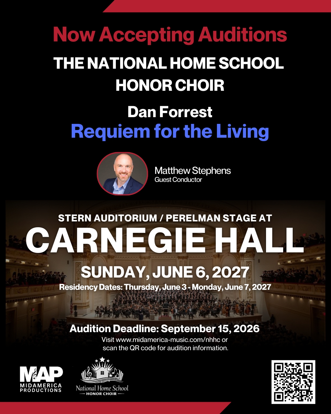 🎶 Now Accepting Auditions! 🎶
Submissions are now open for the National Home School Honor Choir at Stern Auditorium/Perelman Stage at Carnegie Hall. Seeking students across the nation for a unique and special opportunity to perform Dan Forrest's Requiem for the Living under the direction of guest conductor Matthew Stephens and organized by Candace Wicke.
🗓️ Performance: Sunday, June 6, 2027
✈️ Residency: June 3–7, 2027
⏰ Audition Deadline: September 15, 2026
Don't miss this extraordinary opportunity to perform on one of the world's most iconic stages alongside talented homeschool singers from across the country.
🎵 Learn more and audition:
🌐 www.midamerica-music.com/nhhc
#NationalHomeSchoolHonorChoir #CarnegieHall #DanForrest #Auditions