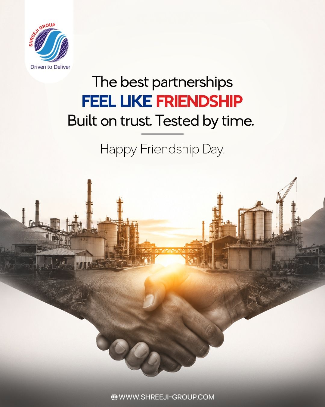 Great partnerships are built on trust, strengthened through collaboration, and valued over time. Here's to meaningful connections that inspire success together. Wishing everyone a Happy Friendship Day!
- - - - -
Website: www.shreeji-group.com
Mobile: +91 9719912323.
Email: marketing@shreeji-group.com
- - - - -
#FriendshipDay #Trust #Partnership #BusinessRelationships #ShreejiGroup