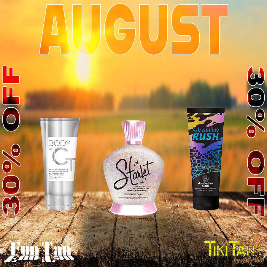 🌞 August Lotions of the Month are Here! 🌞
Save 30% on all three featured lotions throughout August while supplies last!
✨ Starlet™
Get red carpet-ready with this luxurious 115X DHA bronzer. Starlet delivers instant and gradual color while Pearl & Obsidian extracts enhance your skin's natural glow. It's packed with hydrating ingredients, tattoo protection, and after-tan odor defense for a flawless finish.
💥 Adrenaline Rush™
Looking for a fragrance-free option? Adrenaline Rush is a hypoallergenic intensifier that helps boost your natural tan while keeping skin hydrated with Coconut Oil and Glycerin. It's perfect for sensitive skin and includes tattoo protection and after-tan odor defense.
🩶 Body by CT™
More than just a tanning lotion, Body by CT is a session enhancer formulated with collagen, charcoal extract, caffeine, and aloe to help hydrate, smooth, and refresh your skin while enhancing your tanning results.
30% OFF all month long while supplies last!
Stop by your nearest Fun Tan - Tiki Tan location and grab your favorite before it's gone. Your best tan starts with the right lotion! ☀️