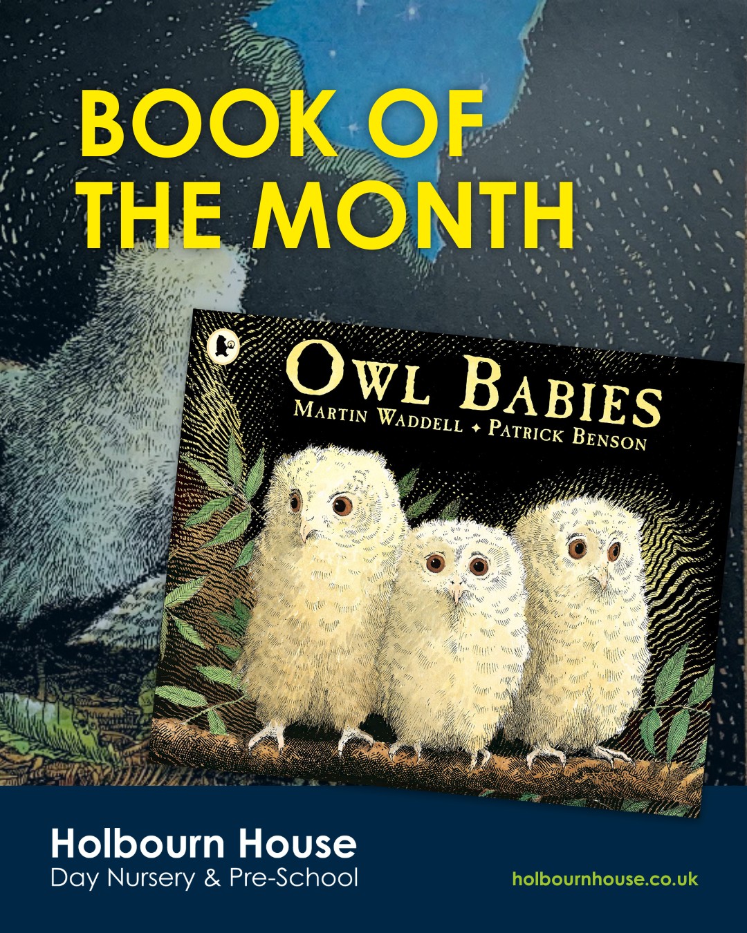 📚 Book of the Month: Owl Babies 📚
This book by Martin Waddell and Patrick Benson is beautifully illustrated and tells the story of three owlets learning about separation from their mum. The book deals with a range of emotions, enabling children to talk about their feelings, better understand the reasons for necessary separations whilst reinforcing the understanding that parents always come back.
At nursery, we bring this story to life with puppets and give children the opportunity to ask questions and explore their own experiences.
#BookOfTheMonth #OwlBabies #EarlyYears #StoryTime #Reading #Books