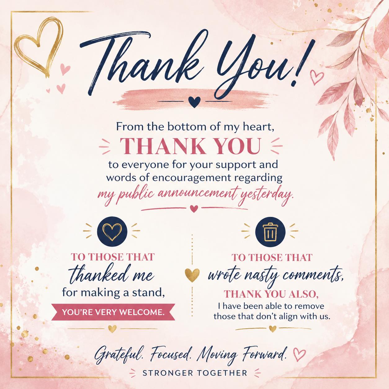 From the bottom of my heart, thank you to my beautiful clients and followers for supporting my decision the other day.
I received some absolute filthy messages and comments on other posts that I was able to remove.
My gym is a positive safe space where bitching and nastiness is not allowed.
All of the people being nasty to me and thinking my gender clause will be an issue for them, It won’t be, because we have a strict code of conduct of respect that you broke with your nasty words.
First rule of Optibods, no rudeness, no bitching, or you will be removed.