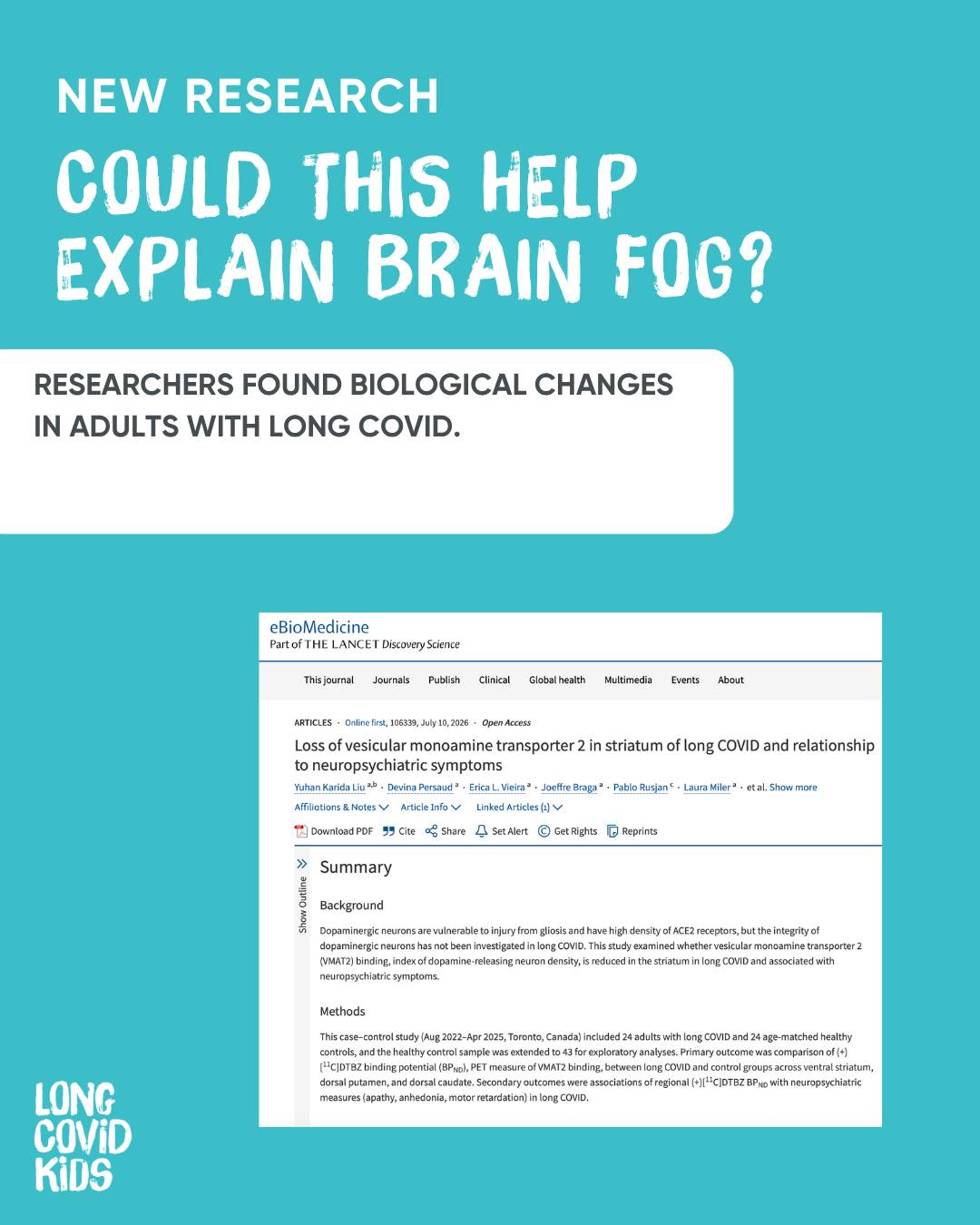 🧠 Could this help explain some of the cognitive symptoms experienced in Long Covid?
A new brain imaging study found changes in a marker linked to dopamine-releasing nerve cells in adults with Long Covid. These changes were associated with reduced motivation, slower movement and poorer memory performance.
This is an important step forward, but it's equally important to recognise what the study doesn't show.
It wasn't carried out in children or young people, it doesn't prove what caused these changes, and it doesn't identify a treatment.
For us, the key question is:
Do similar biological changes occur in children and young people with Long Covid?
We don't know yet.
Children deserve research too, so they can benefit from advances in understanding, diagnosis and treatment.
#LongCovid #LongCovidKids #BrainFog #Research #ChildHealth #PaediatricResearch