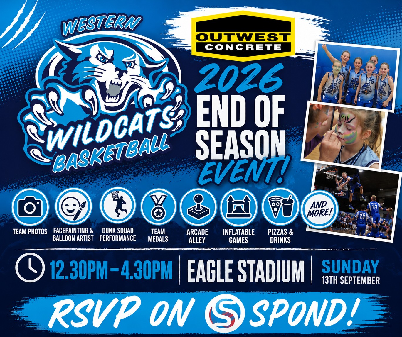 ๐๐ A Huge Thank You to Outwest Concrete! ๐๐
Our 2026 Western Wildcats End of Season Celebration wouldn't be possible without the incredible support of our major event sponsor, Outwest Concrete.
Their generosity helps us create a memorable day for all of our Wildcats families, filled with fun, laughter and plenty of celebrations.
Because of their support, our players will enjoy:
๐ธ Team Photos
๐จ Face Painting
๐ Balloon Artist
๐ Dunk Squad Performance
๐
Team Medals
๐น๏ธ Arcade Alley
๐ช Inflatable Games
๐ Pizzas & Drinks
โจ And so much more!
Please join us in showing Outwest Concrete some Wildcats love by thanking them in the comments. Supporting businesses that support local sport helps our club continue to grow and provide amazing opportunities for our players. ๐
๐
Sunday 13th September
๐ง 12:30pm โ 4:30pm
๐ Eagle Stadium
๐ Don't forget to RSVP on SPOND!
Thank you again, Outwest Concrete, for being such a valued part of the Western Wildcats family! ๐พ๐
#WesternWildcats #OutwestConcrete #CommunityPartners #ThankYouSponsor #WildcatsFamily #JuniorBasketball
