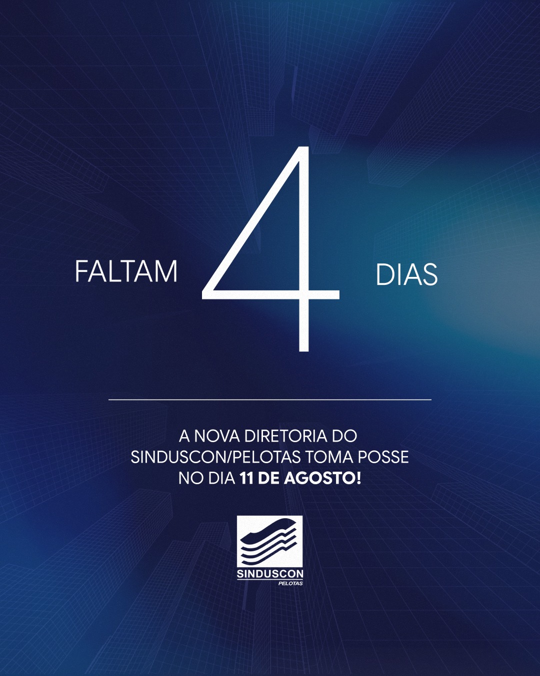 A posse da nova diretoria do
Sinduscon/Pelotas acontece na próxima segunda-feira,
dia 11 de agosto. Um momento que marca o início de
um novo ciclo para a entidade — e para o setor da
construção civil de Pelotas e da Zona Sul do Rio
Grande do Sul. Te esperamos lá.