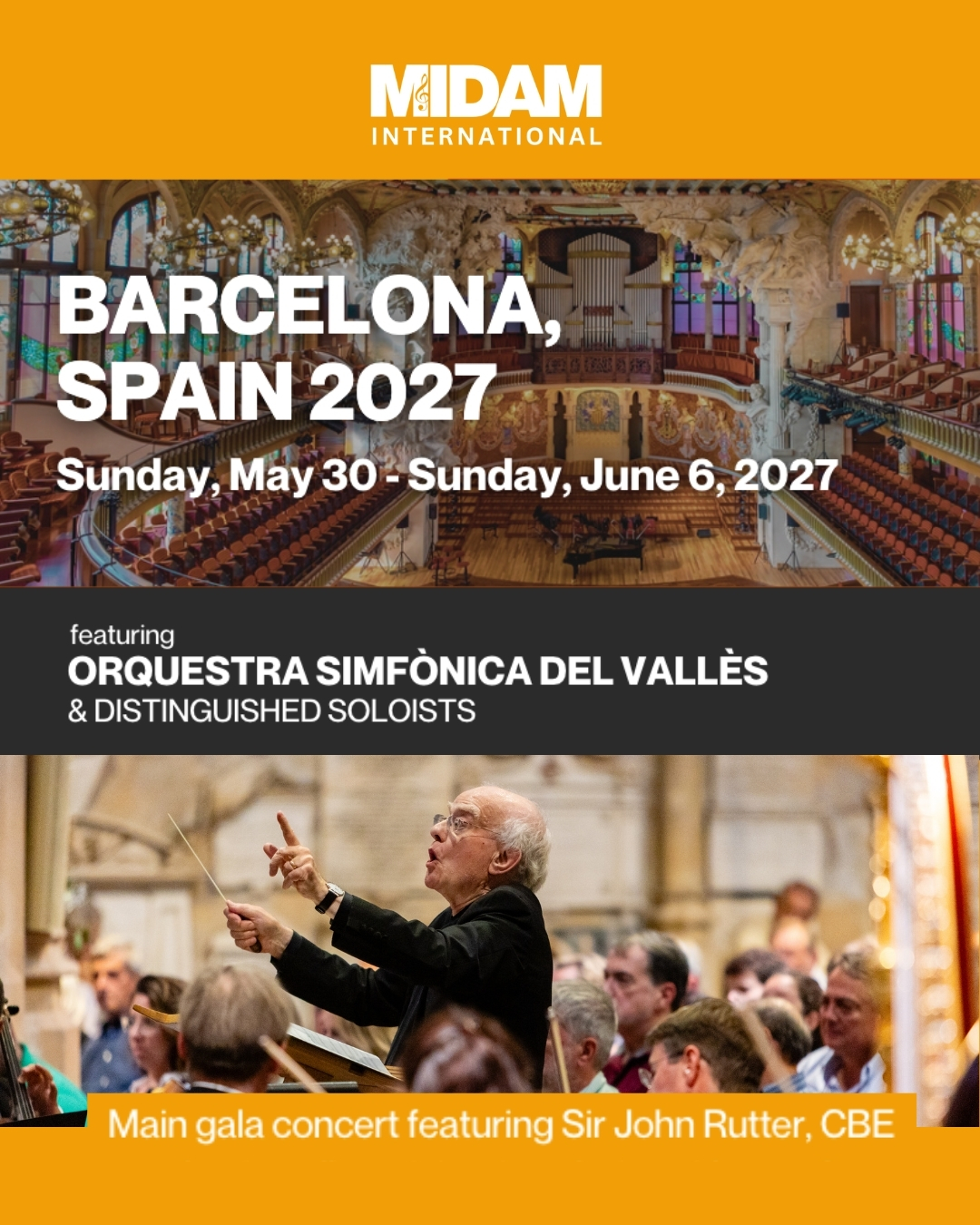 Experience music, history, and the vibrant culture of Barcelona, Spain on an unforgettable 8-day/7-night residency in one of Europe's most captivating cities. 🇪🇸✨
Perform in a spectacular gala concert at the iconic Palau de la Música Catalana, where Sir John Rutter, CBE will conduct all participating choirs alongside members of the Orquestra Simfònica del Vallès and distinguished soloists in a truly unforgettable musical celebration. 🎶
Take the stage again in an optional chamber orchestra concert at the Basílica de Santa Maria del Pi, where 80+ voice choirs will perform with their own guest conductors and members of the Orquestra Simfònica del Vallès in one of Barcelona's most beautiful historic churches.
When you're not rehearsing or performing, discover Barcelona's rich artistic heritage, breathtaking architecture, world-renowned cuisine, and Mediterranean charm through curated cultural experiences and guided excursions. 🇪🇸✨
Interested in bringing your ensemble to Barcelona in 2027?
🌐 midamerica-music.com/midam-spain
📧 midam@midamerica-music.com
📞 212.239.0205
#MidAmInternational #Barcelona2027 #ChoirTour #ChoralMusic