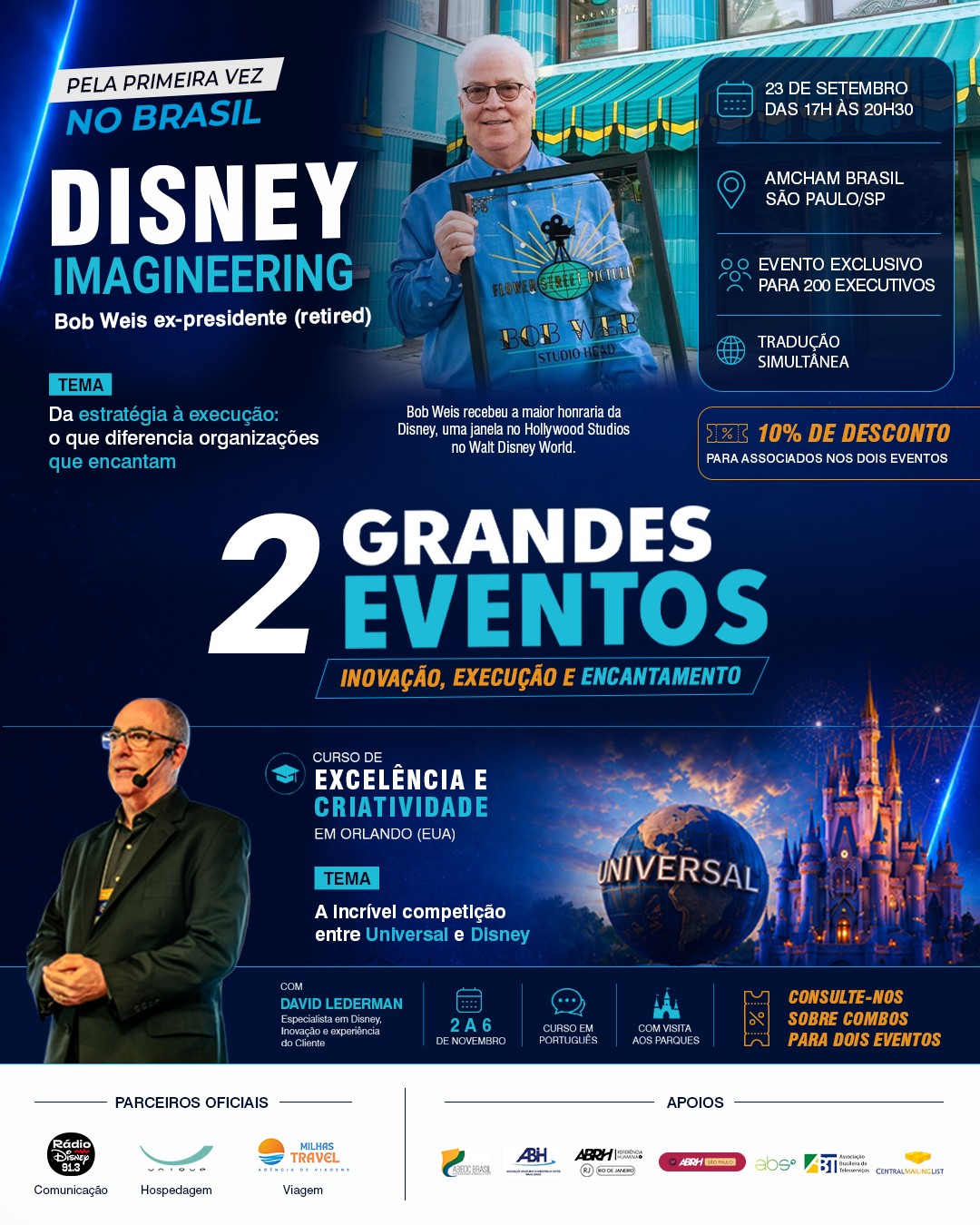 Grandes ideias inspiram. A execução transforma.
A Disney não é admirada apenas pela criatividade.
Ela é admirada porque, há décadas, consegue transformar grandes ideias em experiências que encantam milhões de pessoas de forma consistente.
É exatamente essa capacidade de transformar visão em realidade que Bob Weis, ex-presidente da Walt Disney Imagineering, compartilhará pela primeira vez no Brasil.
Durante mais de quatro décadas, Bob liderou equipes responsáveis por alguns dos projetos mais emblemáticos da Disney, conectando criatividade, tecnologia, liderança e excelência na execução.
✨ Innovation by Design: Lições de Liderança e Execução da Walt Disney Imagineering
📅 23 de setembro
🕔 Das 17h às 20h30
📍 Amcham Brasil | São Paulo (SP)
E para quem deseja aprofundar essa experiência, a jornada continua em Orlando com David Lederman, em uma imersão executiva sobre excelência, criatividade e experiência do cliente, acompanhando de perto os princípios aplicados nos parques da Disney e da Universal.
📍 2 a 6 de novembro | Orlando (EUA)
🎓 Curso em português com David Lederman
🎟️ Associados da ABRH-RJ contam com 10% de desconto na inscrição dos dois eventos, bastando mencionar o ABRHRJ10
👉 Conheça os detalhes e garanta sua participação. Link na bio.
#DisneyImagineering #Liderança #Inovação #ExperiênciaDoCliente #Excelência