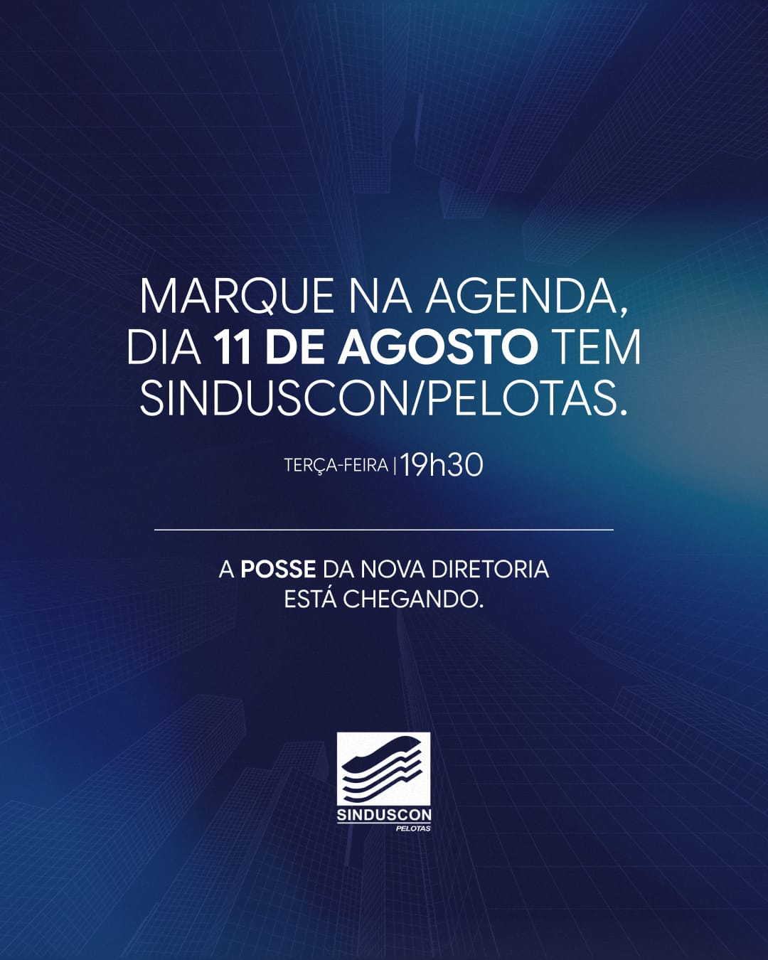 No dia 11 de agosto, o Sinduscon/Pelotas realiza a posse da nova diretoria
— um momento de renovação, de compromisso e de celebração de tudo que o
setor da construção civil representa para Pelotas e para a Zona Sul do Rio Grande
do Sul. Marca na agenda. A construção civil da região tem um novo capítulo
começando.