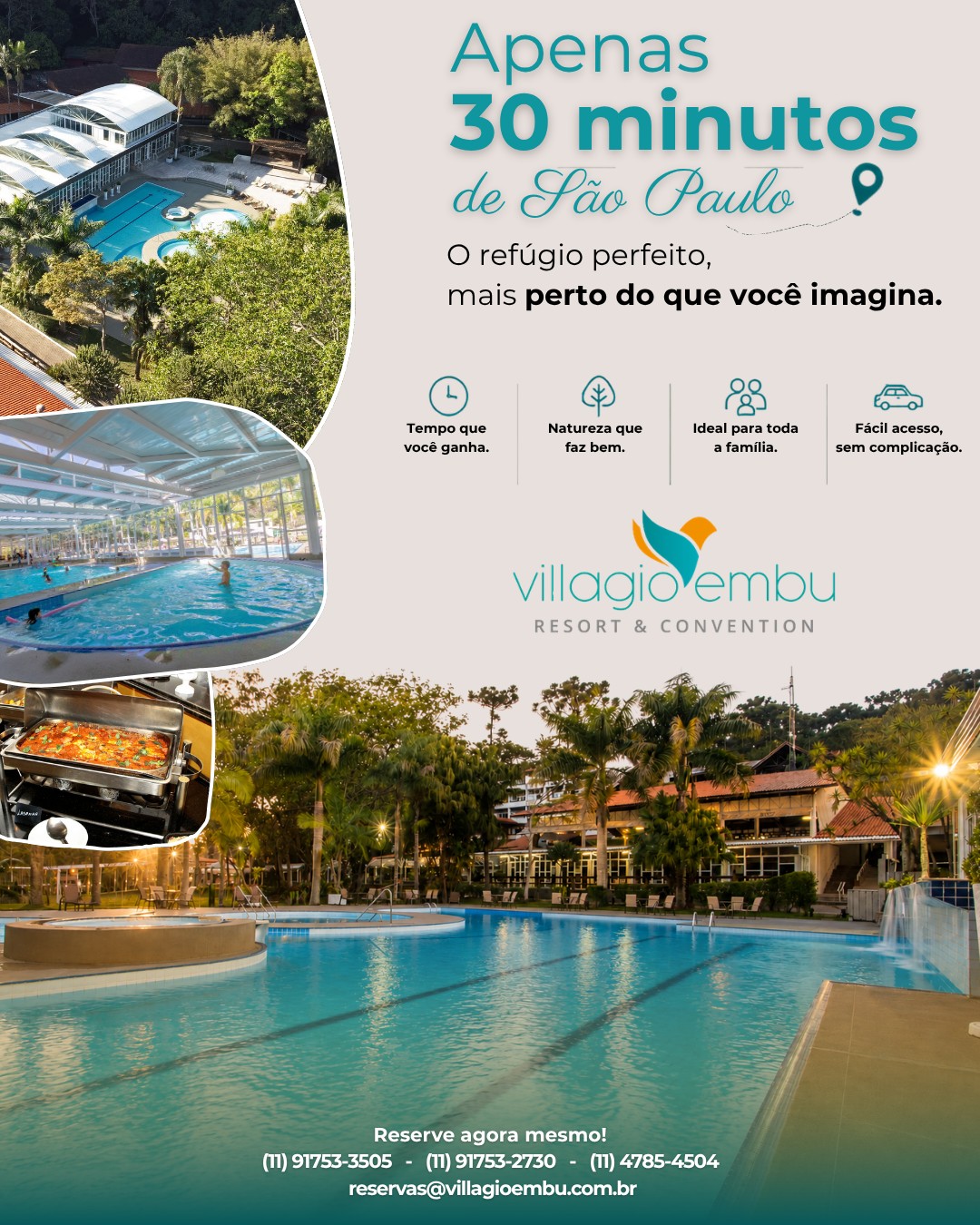 A apenas 30 minutos de São Paulo, existe um lugar onde o tempo desacelera.
No Villagio Embu Resort & Convention, você troca o trânsito pelo ar puro, a correria pela tranquilidade e a rotina por momentos inesquecíveis.
✔️ Fácil acesso pela capital
✔️ Piscinas para toda a família
✔️ Natureza preservada
✔️ Gastronomia de qualidade
✔️ Estrutura completa para descansar e se divertir
Porque, às vezes, tudo o que você precisa está muito mais perto do que imagina.
Villagio Embu Resort & Convention – Embu das Artes/SP
Faça sua reserva e venha viver essa experiência.
#VillagioEmbu #Resort #EmbuDasArtes #PertoDeSãoPaulo #ViagemEmFamília #FimDeSemana #Lazer #Natureza #EscapadaPerfeita #TurismoSP