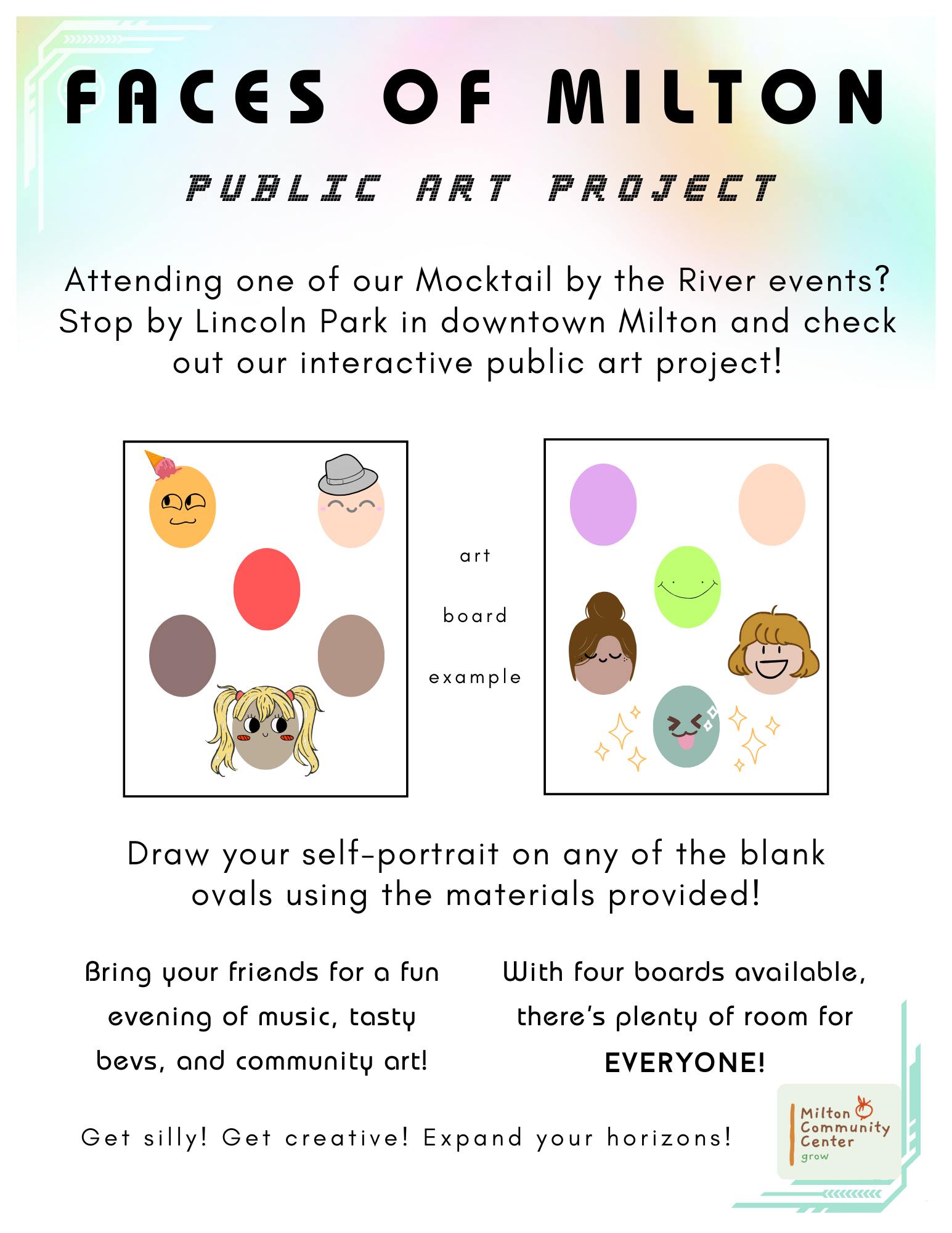 π¨ Meet the Faces of Milton! π¨
Attending one of our Mocktail by the River events? Be sure to stop by Lincoln Park and check out our interactive Faces of Milton public art project!
Grab a blank oval, get creative, and draw your own self-portrait using the materials provided. With four art boards available, thereβs plenty of room for everyone to join in! Bring your friends, show off your creativity, and help us celebrate the many faces that make Milton special. π
Get silly. Get creative. Expand your horizons! β¨
#FacesOfMilton #PublicArt #MiltonPA #MiltonCommunityCenter #CommunityArt #InteractiveArt #MocktailsByTheRiver #CreativeCommunity #ArtInThePark