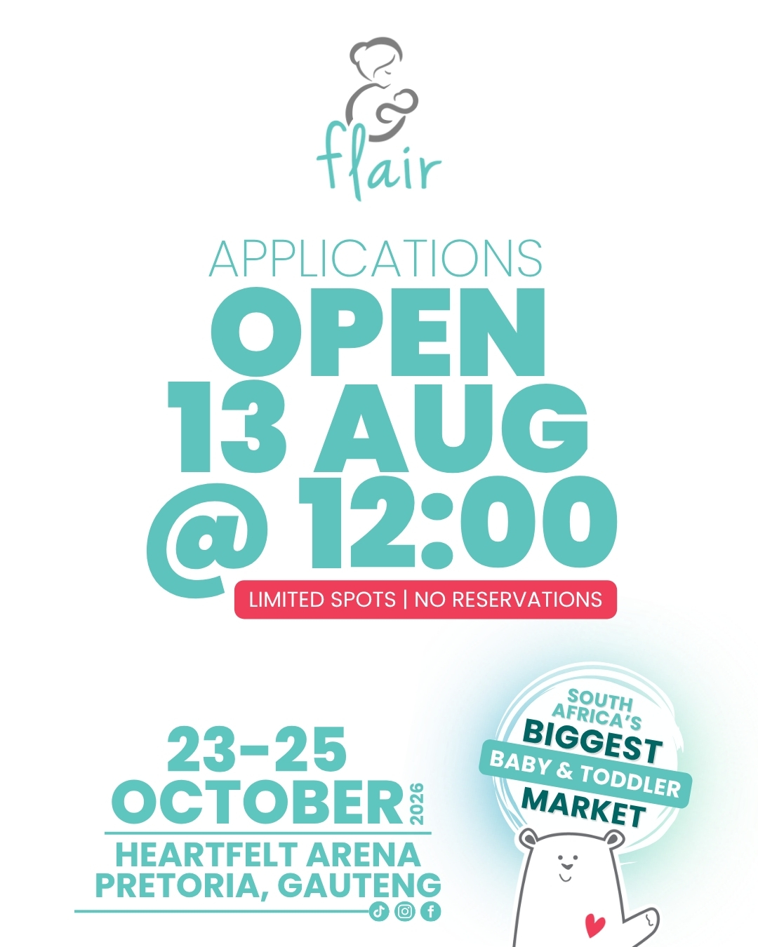 Dear @flairmarket Vendors,
𝗔𝗣𝗣𝗟𝗜𝗖𝗔𝗧𝗜𝗢𝗡𝗦 𝗙𝗢𝗥 𝗢𝗨𝗥 𝗨𝗣𝗖𝗢𝗠𝗜𝗡𝗚 𝗘𝗩𝗘𝗡𝗧 𝗪𝗜𝗟𝗟 𝗢𝗣𝗘𝗡 𝗧𝗛𝗨𝗥𝗦𝗗𝗔𝗬, 𝟭𝟯 𝗔𝗨𝗚 𝗔𝗧 𝟭𝟮𝗣𝗠.
23 -25 October at Heartfelt Arena in Pretoria.
Please visit our website for information and online application form.
https://www.flairmarket.co.za/becomeavendor
To complete your application, please have the following ready:
- Contact details
- Company information
- Social media handles
- A brief brand/company description for marketing purposes
- A list of products/services you plan to sell
- 6-8 high-resolution product images
- A photo of your stand layout and setup
- An image of your sponsored prize (optional, for Flair giveaways)
⚠️ Important: All applications will go through a review and selection process. Flair Market reserves the right to final approvals and placements. No bookings will be accepted in advance.
#flairmarket #flairvendors #flairpretoria #application