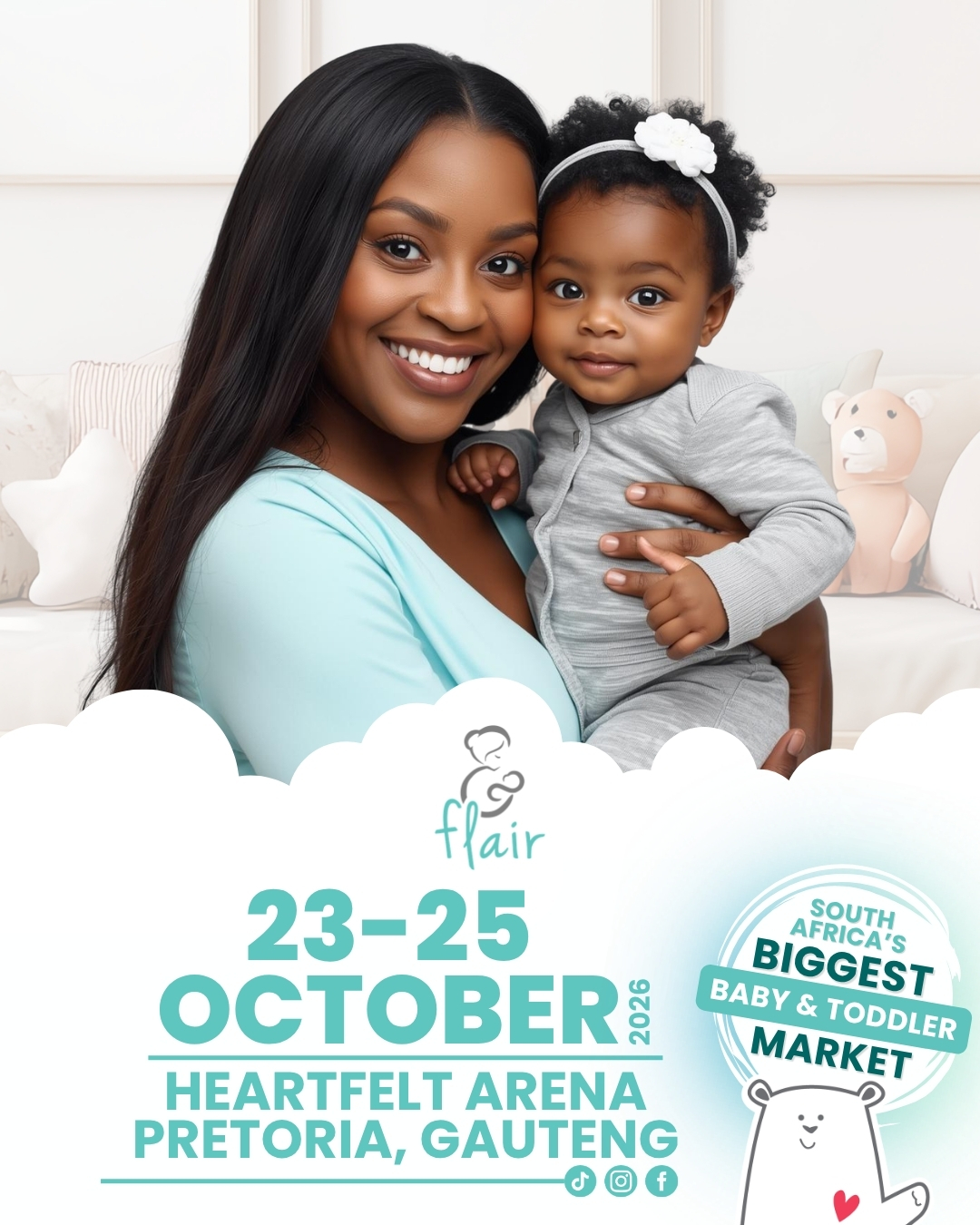 Join us at Flair Baby & Toddler Market for the ultimate Bump to Baby Shopping Experience, 23-25 Oct 2026 at @heartfelteventsarena in Pretoria.
📅 Dates:
Friday, 23 0ct 2026 : 10am - 5pm
Saturday, 24 Oct 2026 : 9am - 5pm
Sunday, 25 Oct 2026: 9am - 3pm
Venue: Heartfelt Arena, Pretoria { Gauteng }
🎟️Get your Weekend Pass Tickets now online or at the doors.
🎟️R150 p/adult, Kids U16 Free
Tag and share with all your 🤰 pregnant friends, new mommies, and their families👪.
More info at: www.flairmarket.co.za
90+ Exclusive Vendors | Food Stalls | Changing & Feeding Rooms | Ample Safe Parking