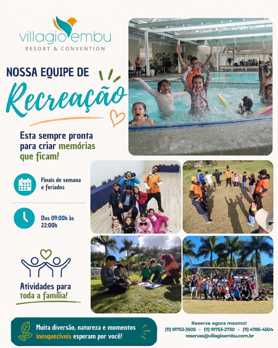 🎨 Diversão para todas as idades no Villagio Embu!
Aos finais de semana e feriados, nossa equipe de recreação prepara uma programação especial para crianças a partir de 4 anos, teens e adultos.
São atividades durante todo o dia, das 09h às 22h, com muita diversão, criatividade e contato com a natureza: caça ao tesouro, jogos e brincadeiras, oficina culinária, pintura facial, atividades na piscina, brinquedo inflável, contação de histórias, picnic, jogos em família e muito mais!
Enquanto as crianças se divertem, toda a família pode aproveitar momentos especiais juntos e criar memórias que ficam. 💚
📍 Villagio Embu Resort & Convention
A poucos minutos de São Paulo.
#VillagioEmbu #Recreação #ResortEmbu #ResortSP #Família #LazerEmFamília #FinalDeSemana #Feriado #DiversãoEmFamília