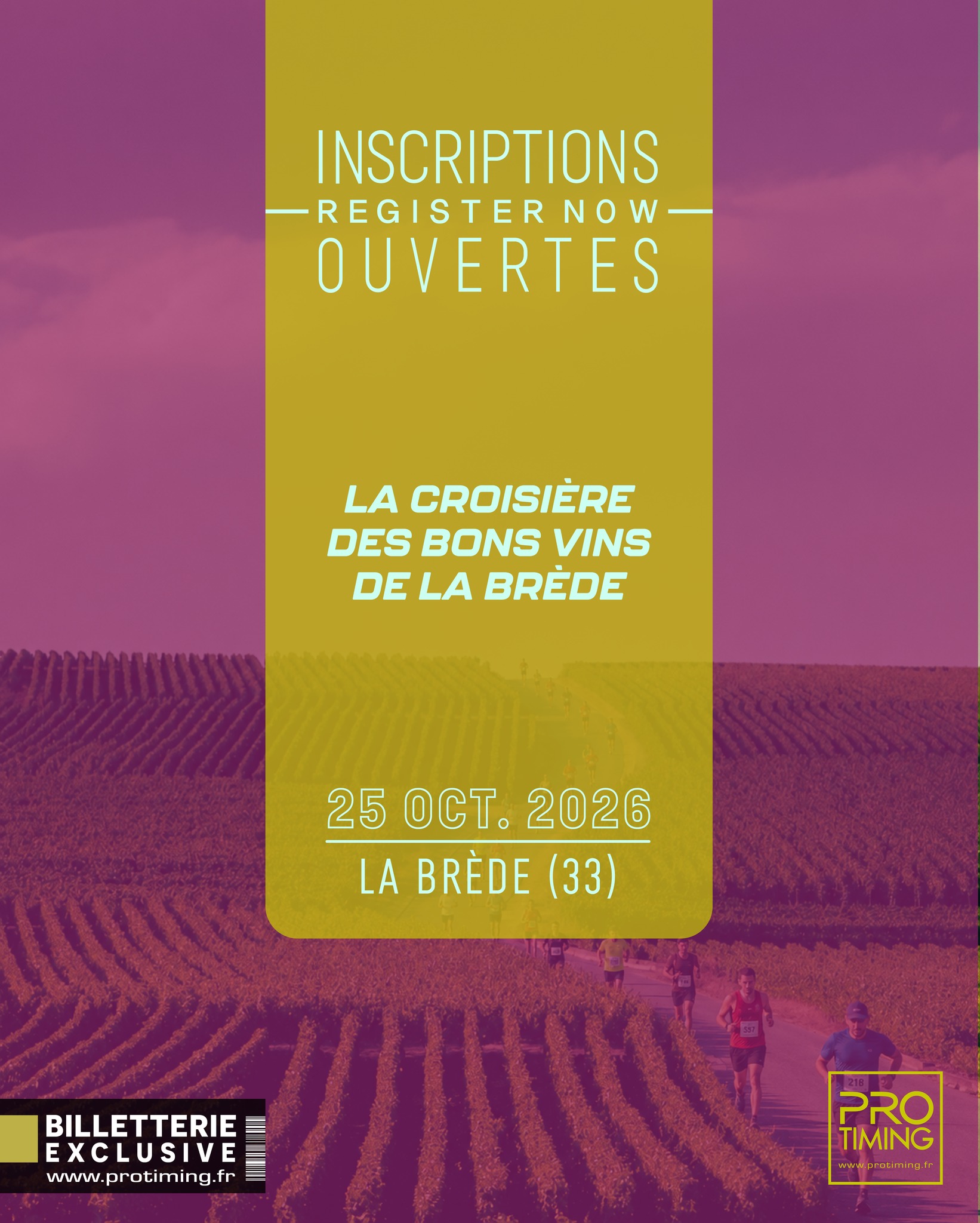🚀 Les inscriptions sont ouvertes pour La Croisière des Bons Vins de la Brède !
📅 25 octobre 2026
📍 La Brède (33)
Prêt(e) à vivre une course conviv