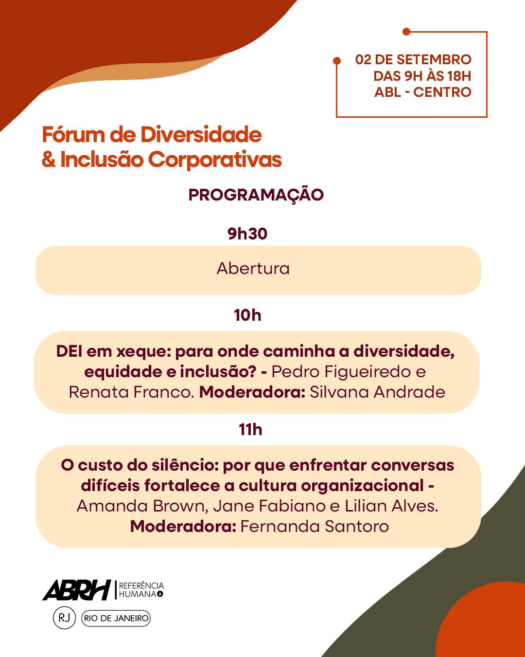Uma programação que reúne diferentes perspectivas para discutir os desafios da diversidade e inclusão nas organizações.
No Fórum de Diversidade & Inclusão Corporativas da ABRH-RJ, cada encontro foi pensado para trazer ao debate experiências, conhecimentos e olhares de profissionais que atuam diretamente nos temas que estão transformando o mundo do trabalho.
Ao longo do dia, você vai acompanhar discussões sobre:
🟠 DEI em xeque: para onde caminham a diversidade, a equidade e a inclusão?
🟠 O custo do silêncio: por que enfrentar conversas difíceis fortalece a cultura organizacional?
🟠 NR-1 e DEI: os novos desafios da saúde mental e da inclusão no ambiente de trabalho.
🟠 IA e DEI: como evitar que a inteligência artificial amplie desigualdades e exclusões?
Uma programação construída para provocar reflexões, ampliar repertórios e trazer diferentes perspectivas para questões que já fazem parte da realidade das organizações.
📅 02 de setembro
⏰ Das 9h às 18h
📍 ABL – Centro
🎟️ Garanta seu ingresso e venha viver essa experiência com a ABRH-RJ.
👉 Inscreva-se agora pelo link da bio.
#ABRHRJ #DiversidadeEInclusão #DEI #GestãoDePessoas #RH #CulturaOrganizacional #Liderança #Inclusão #RecursosHumanos