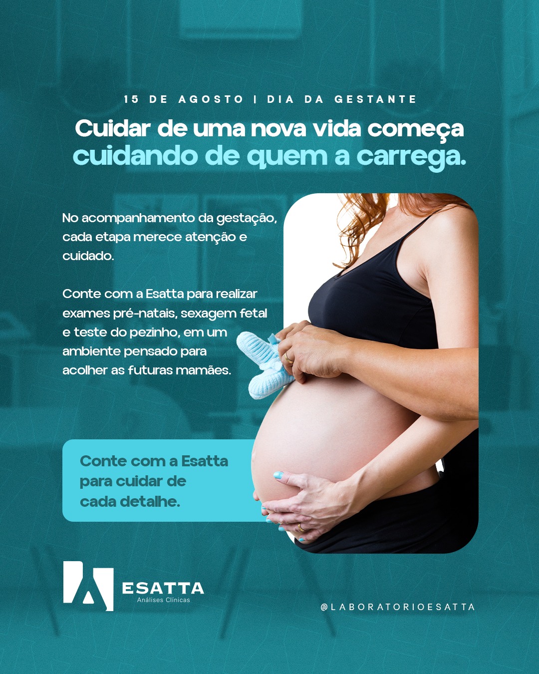 🤰 A gestação é uma fase de muitas descobertas, expectativas e cuidados.
Cada etapa merece atenção, desde o acompanhamento pré-natal até os exames que ajudam a acompanhar a saúde da mãe e do bebê.
Na Esatta, buscamos tornar esse momento ainda mais acolhedor, oferecendo exames como pré-natal, sexagem fetal e teste do pezinho, além de um ambiente pensado especialmente para receber as futuras mamães.
Neste Dia da Gestante, celebramos quem está vivendo a espera por uma nova vida e reforçamos a importância de cuidar de cada detalhe dessa jornada.
Esatta. Cuidado para cada fase da gestação. 🩵