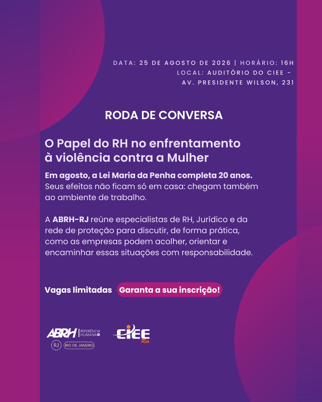 Você sabia que o RH costuma ser um dos primeiros a perceber os sinais? 👀
Queda de desempenho, absenteísmo, isolamento. Muitas vezes, esses sinais no ambiente de trabalho têm uma origem que fica escondida em casa.
Em agosto, a Lei Maria da Penha completa 20 anos. E seus efeitos não ficam só no ambiente doméstico — chegam também ao mundo do trabalho.Por isso, a ABRH-RJ reuniu especialistas de RH, Jurídico e da rede de proteção para uma roda de conversa prática sobre o papel das empresas no enfrentamento à violência contra a mulher.
Como acolher, orientar e encaminhar essas situações com responsabilidade.
📅 25 de agosto, 16h às 18h
📍 Auditório do CIEE – Av. Presidente Wilson, 231 – RJ
🎟️ Gratuito, vagas limitadas
👉 Inscrições no link da bio!
#LeiMariaDaPenha #ViolenciaContraAMulher #RH #ABRHRJ #GestãoDePessoas #ResponsabilidadeSocial #RHResponsável