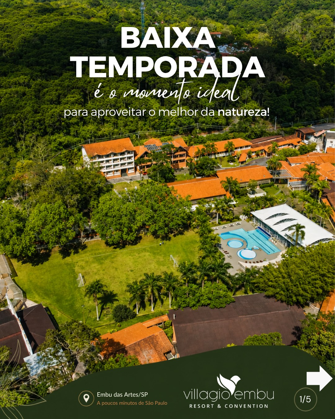Baixa temporada é o momento ideal para desacelerar e aproveitar o melhor da natureza com mais tranquilidade. 🌿
No Villagio Embu, você se hospeda cercado pelo verde, em um ambiente perfeito para descansar, renovar as energias e viver dias especiais sem precisar viajar para longe.
A poucos minutos da capital paulista, você troca o trânsito pelo canto dos pássaros, o concreto pela natureza e a correria por momentos de descanso e bem-estar.
✨ Mais tranquilidade
🌳 Contato com a natureza
📍 Fácil acesso a partir de São Paulo
💚 Experiências para toda a família
Aproveite a baixa temporada e descubra como é fácil se desconectar da rotina sem sair de perto.
#VillagioEmbu #BaixaTemporada #EmbuDasArtes #Natureza #PertoDeSaoPaulo #HospedagemSP #Descanso #LazerEmFamilia #TurismoSP #FimDeSemana #ResortSP #EscapadaPerfeita
