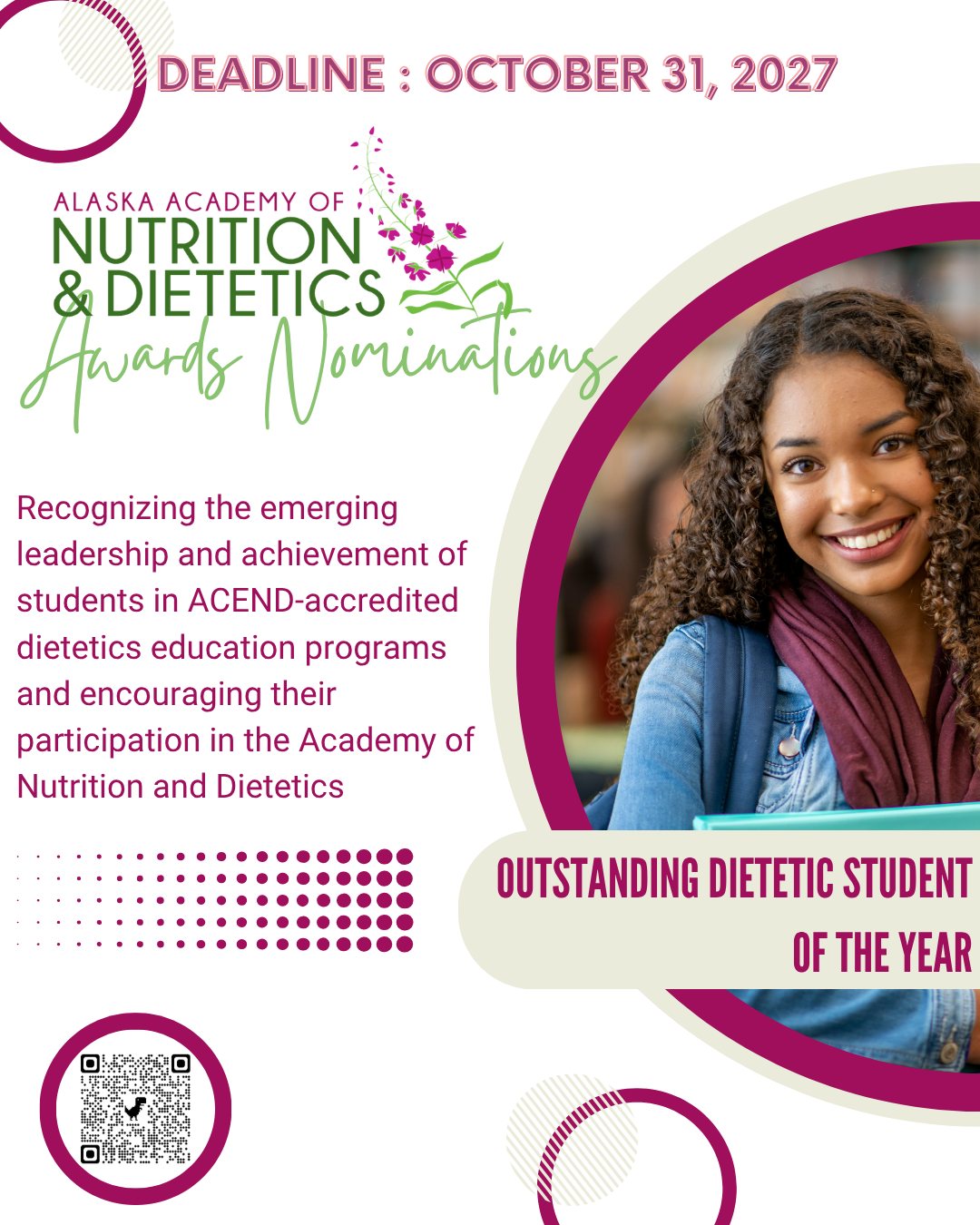 The purpose of the Outstanding Dietetics Student Award program is to recognize the emerging leadership and achievement of students in ACEND-accredited and approved dietetics education programs and encourage their participation in the Academy of Nutrition and Dietetics.
Nominate yourself or your peers today at the link in bio.