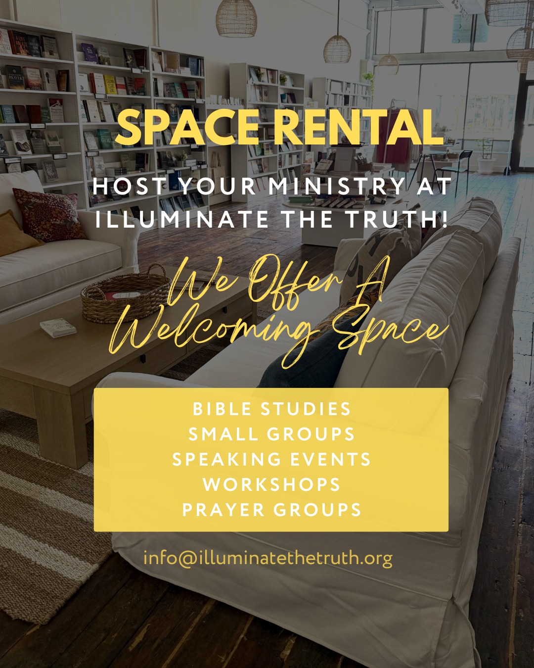 Looking for a space to host your Bible study, small group, workshop, teaching or speaking event? We offer space rental at Illuminate the Truth for Christian Ministries. Click BIO link for Ministry Space Rentals.