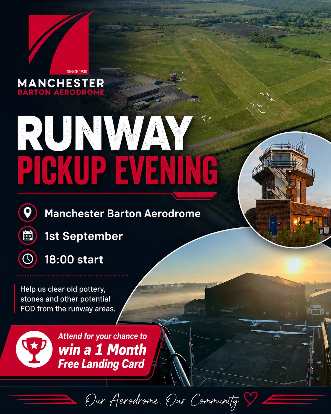 ๐งนโ๏ธ **BARTON RUNWAY PICKUP EVENING** โ๏ธ๐งน
Weโre calling on our pilots and aerodrome community to come together and help give the runways at **Manchester Barton Aerodrome** a thorough pickup!
Over time, old pottery, stones and other potential FOD can work their way to the surface, so weโre organising an evening to get as many people as possible out on the airfield and help clear it together.
๐
**Tuesday 1st September**
๐ **18:00 start**
๐ **Manchester Barton Aerodrome**
As a little thank you for giving up your time, everyone who **registers and attends the evening** will be entered into a draw to win aโฆ
๐ **1 MONTH FREE LANDING CARD!** ๐
Weโre looking to get a good turnout, so if you can spare an evening, weโd love to have you involved.
๐ **Registration is required in advance** so we can gauge numbers and send joining instructions and any event updates.
https://tinyurl.com/RunwayPickup
Please note: registering alone does not qualify for the prize draw โ you must attend and take part on the evening.
Come along, help us hunt down some FOD, maybe uncover a few pieces of Barton history along the wayโฆ and potentially enjoy a month of free landings! โ๏ธ