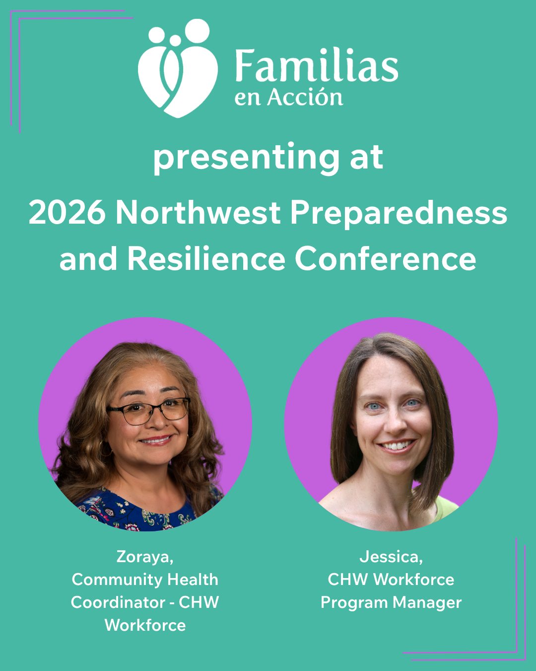 Familias is excited to be presenting at the 2026 Northwest Preparedness and Resilience Conference on September 17!
This conference brings together an interdisciplinary group of regional practitioners, researchers and other partners working across a range of disaster-related fields.
Jessica, our CHW Workforce Program Manager, and Zoraya, a Community Health Coordinator of our CHW Workforce Program, will be presenting on “Community Health Workers: The Frontline of Climate Adaptation & Emergency Preparation.” It will introduce the CHW scope of practice, prompting partnership ideas, and share evaluation results and stories from three years of a CHW-based climate and health program serving Latiné community members in the Portland region.