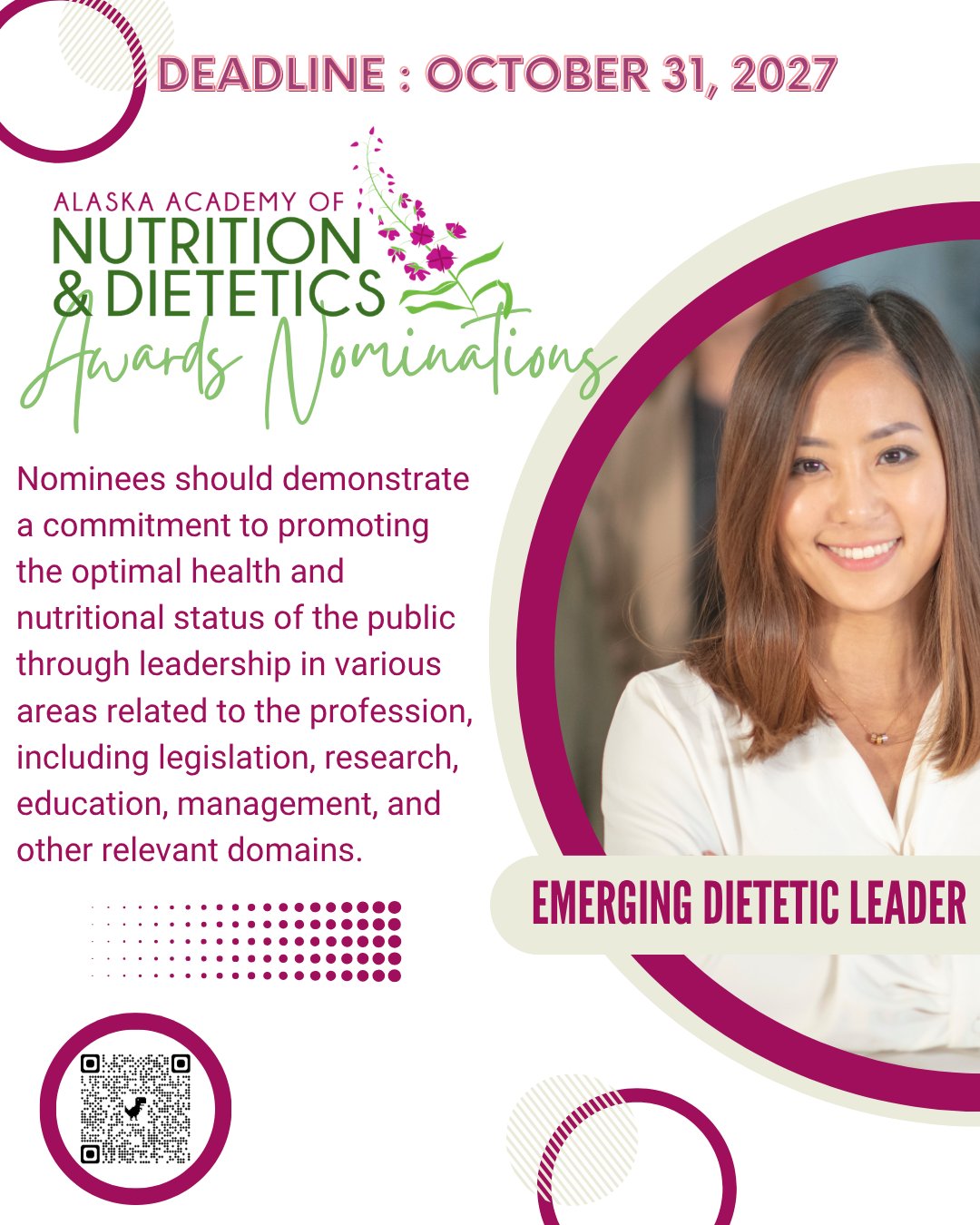 The Emerging Dietetics Leader Award recognizes the competence and activities of members, regardless of their age, who are at the beginning of their dietetics careers. Members who receive this honor support the promotion of optimal health and nutritional status of the public through demonstrating leadership in legislation, research, education, management and other areas related to the profession.
Nominate yourself or your peers today at the link in bio.