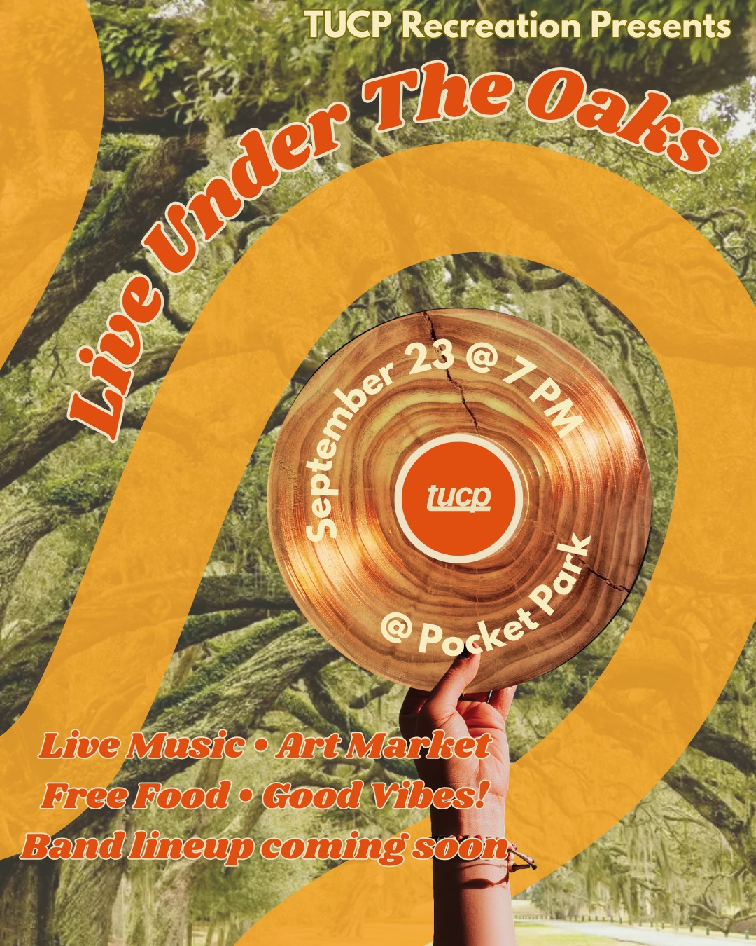 TUCP Recreation presents... LIVE UNDER THE OAKS! 🎶🌳
Join us on Wednesday, September 23rd at 7 PM in Pocket Park -- live music, student vendors, free food, and good energy all around! It’s the perfect way to kick off the year as we support student businesses and talented local bands. Bring your friends and get ready to make unforgettable memories under the oaks! 💚
If you have a student business or band, we’d love to have you be part of the event. Apply to vend or perform through the Get Involved tab on our website (link in bio). 🌟