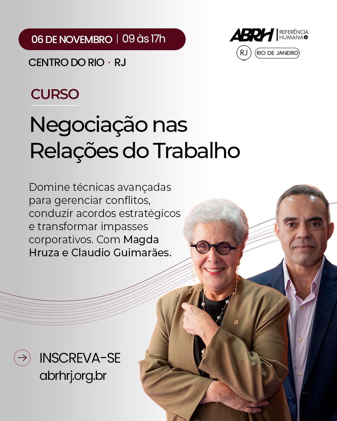 NEGOCIAR BEM É UMA COMPETÊNCIA ESTRATÉGICA PARA QUEM ATUA NAS RELAÇÕES DO TRABALHO.
No curso Negociação nas Relações do Trabalho você vai aprofundar técnicas para gerenciar conflitos, conduzir acordos estratégicos e transformar impasses corporativos em oportunidades de solução.
Uma formação conduzida por Magda Hruza e Claudio Guimarães, especialistas que trazem experiência e conhecimento prático para os desafios das relações de trabalho.
📅 06 de novembro | 9h às 17h
📍 Centro do Rio – RJ
Invista no desenvolvimento de uma habilidade que pode transformar a forma como você conduz conversas, conflitos e decisões no ambiente corporativo.
👉 Garanta sua vaga: Link na Bio
#ABRH #ABRHRJ #RelaçõesDoTrabalho #Negociação #GestãoDePessoas #RH #DesenvolvimentoProfissional