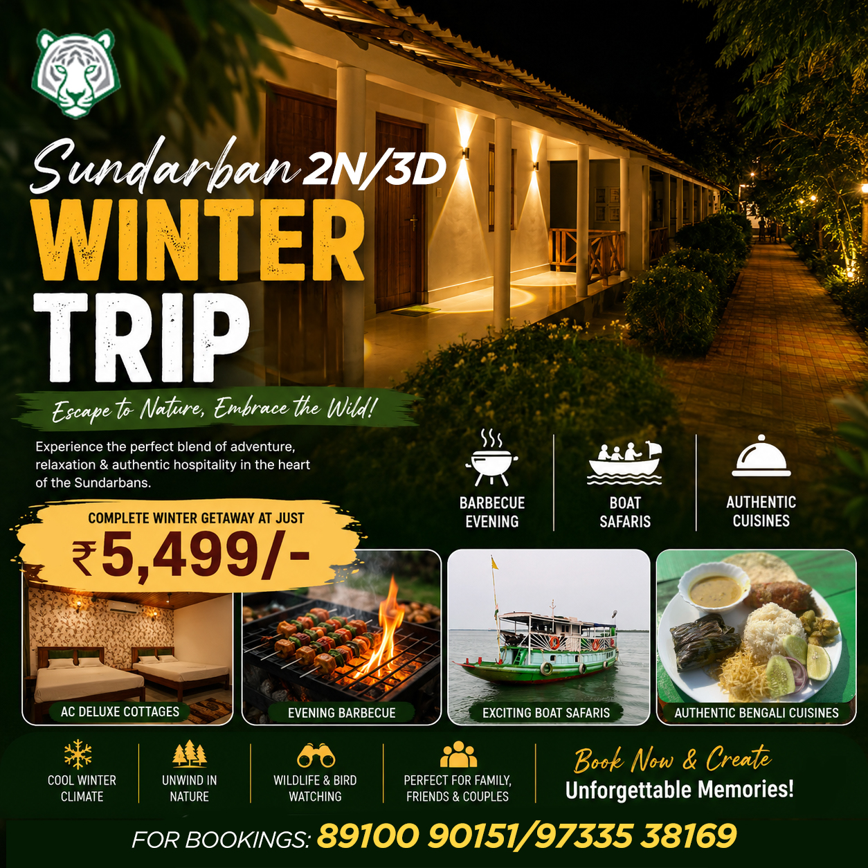 Escape to the wild this WINTER! 🐅✨
Experience the magic of the Sundarbans with our unforgettable 2N/3D Winter Trip! 🌊🌳
🏡 AC Deluxe Cottages
🔥 Evening Barbecue
🚤 Exciting Boat Safaris
🍛 Authentic Bengali Cuisine
🦜 Wildlife & Bird Watching
❄️ Cool Winter Climate
💚 Perfect for family, friends & couples
💰 Complete Winter Getaway at just ₹5,499/-
📞 For bookings: 89100 90151 / 97335 38169
Pack your bags, leave the city behind, and embrace the wild! 🌴🐾
#Sundarban #SundarbansTrip #WinterTrip #SundarbanTour #WestBengalTourism #BoatSafari #WildlifeTrip #BengaliCuisine #WeekendGetaway #NatureEscape #TravelIndia #WinterGetaway