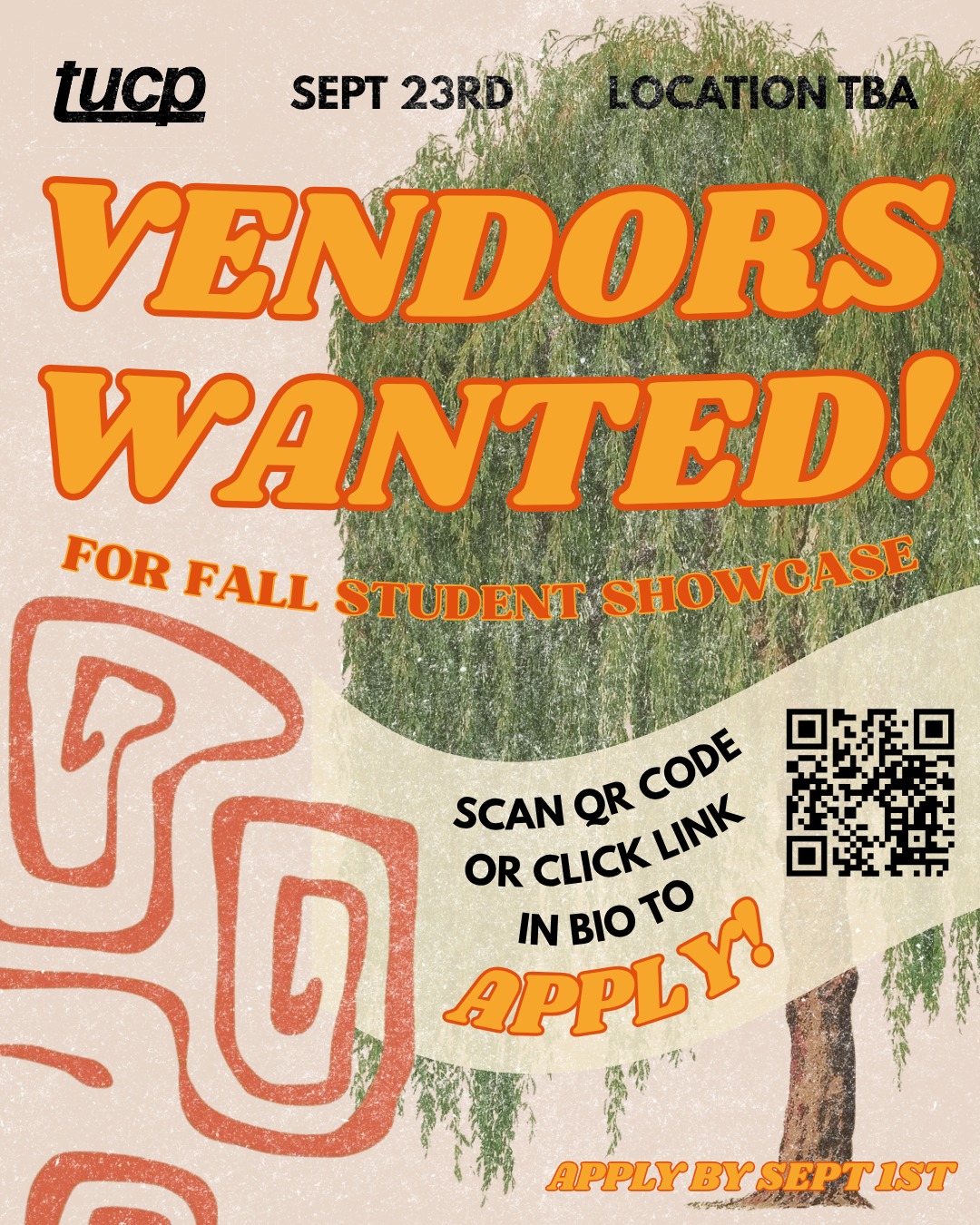 Are you a student with a business?🛍️✨ TUCP is looking for vendors to join us at our upcoming fall Student Showcase on September 23rd! Whether you sell art, clothing, handmade items, or something else entirely, we would love to showcase YOU! 🫵 To sign up, scan the QR code or click the link in our bio to apply on the Get Involved tab on our website!! More event details coming soon... 👀
🚨 We’re having technical difficulties with our QR Code — apply through the Get Involved tab in our bio!