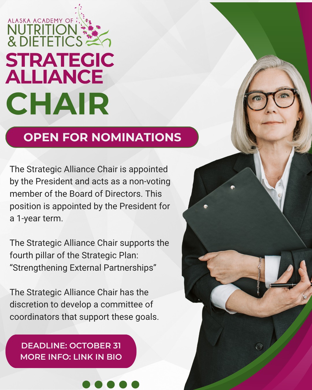 The Nominating Committee is looking for dedicated, enthusiastic, professional members of our affiliate to join the Executive Committee. We have a number of positions (voting and non-voting board positions). If you are interested in one of these positions, please type your name and email address in the position of interest.
For more information visit the link in bio.