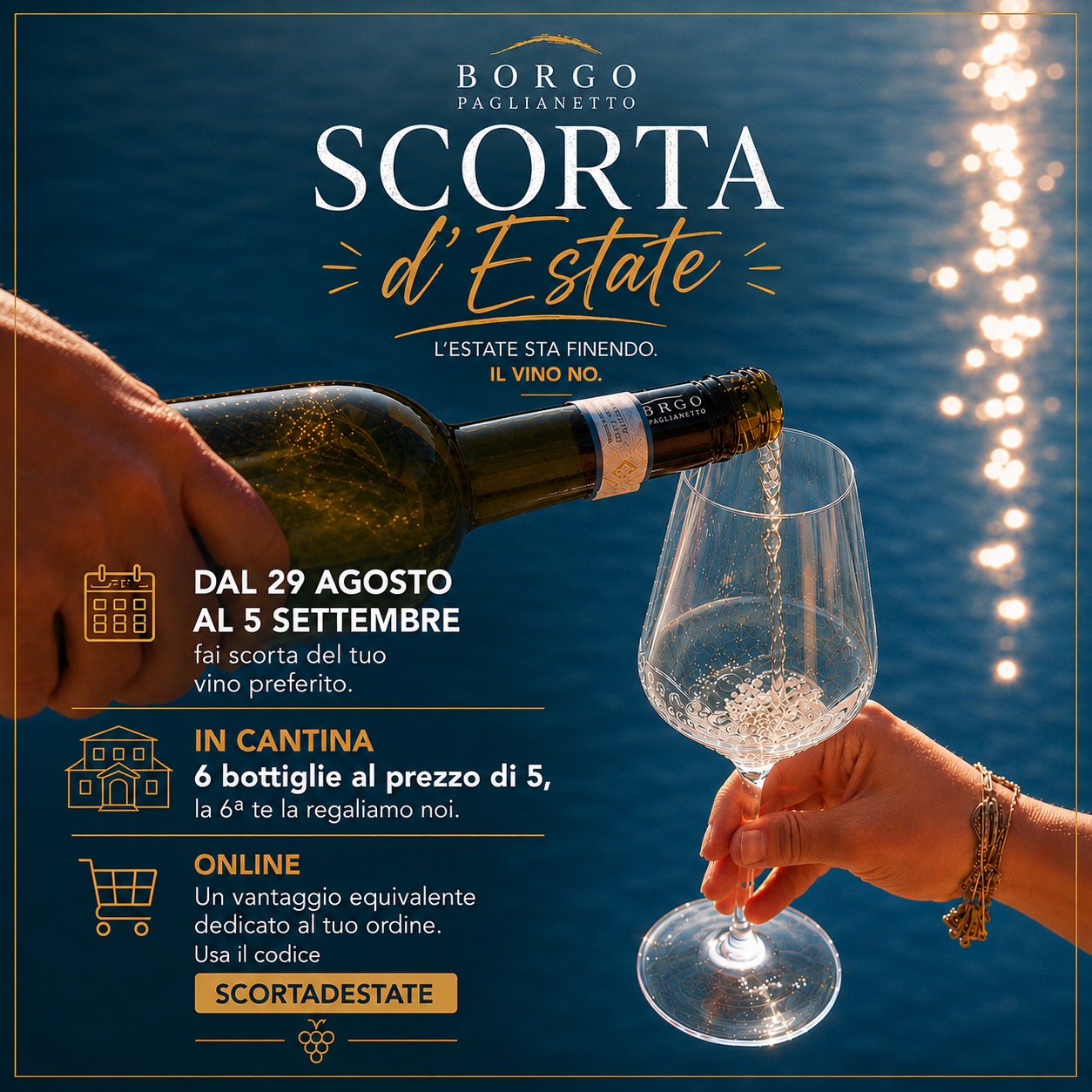 L’estate sta finendo. Il vino no. 🍷☀️
Dal 29 agosto al 5 settembre fai scorta dei tuoi preferiti:
6 bottiglie al prezzo di 5 in cantina e, online, un vantaggio dedicato al tuo ordine con il codice SCORTADESTATE.
👉🏻Se vieni a trovarci all’aperitivo del 28 agosto, puoi approfittarne già da quella sera: per te, la promo parte un giorno prima❗
Una settimana soltanto.
Una scorta fatta bene. 😉
________
Summer is coming to an end. Wine isn’t. 🍷☀️
From August 29th to September 5th, stock up on your favourites:
6 bottles for the price of 5 at the winery, plus an exclusive benefit online with code SCORTADESTATE.
One week only.
Time to stock up. 😉
#borgopaglianetto #verdicchiodimatelica #vinoitaliano #matelica #organic #siamofivi #madeinitaly #winelovers