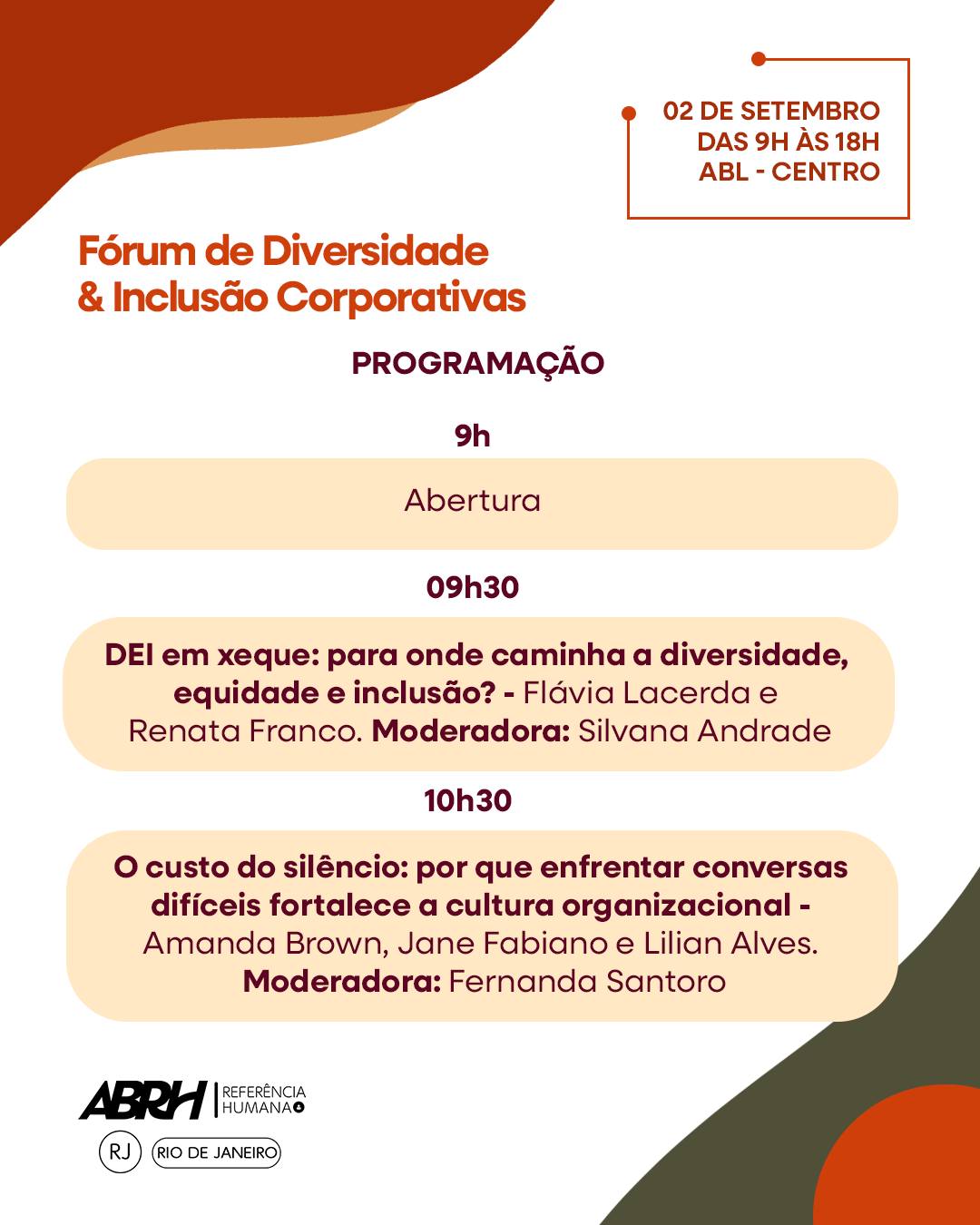 A programação do Fórum de Diversidade & Inclusão Corporativas está imperdível — e esses são só alguns dos debates que esperam por você. 👇
No dia 2 de setembro, vamos reunir profissionais e especialistas para discutir temas que já fazem parte dos desafios reais das organizações:
✨ DEI em xeque: para onde caminham diversidade, equidade e inclusão?
🗣️ O custo do silêncio: por que conversas difíceis fortalecem a cultura organizacional
🤖 IA e DEI: como evitar que a inteligência artificial amplie desigualdades e exclusões
🧠 NR-1 e DEI: a nova agenda da saúde mental e da inclusão no trabalho
⚖️ Homens em movimento: pela promoção da equidade de gênero
Mais do que falar sobre diversidade e inclusão, o Fórum é um convite para refletir, trocar experiências e transformar a realidade das organizações.
📅 2 de setembro | 9h às 18h
📍 Academia Brasileira de Letras – Centro/RJ
🎟️ Garanta seu ingresso e venha fazer parte desse debate. As vagas são limitadas!
👉 Inscreva-se pelo link na bio da ABRH-RJ.
#ABRHRJ #DiversidadeEInclusão #DEI #FórumDEI #GestãoDePessoas #RH #CulturaOrganizacional #Liderança #Equidade #Inclusão