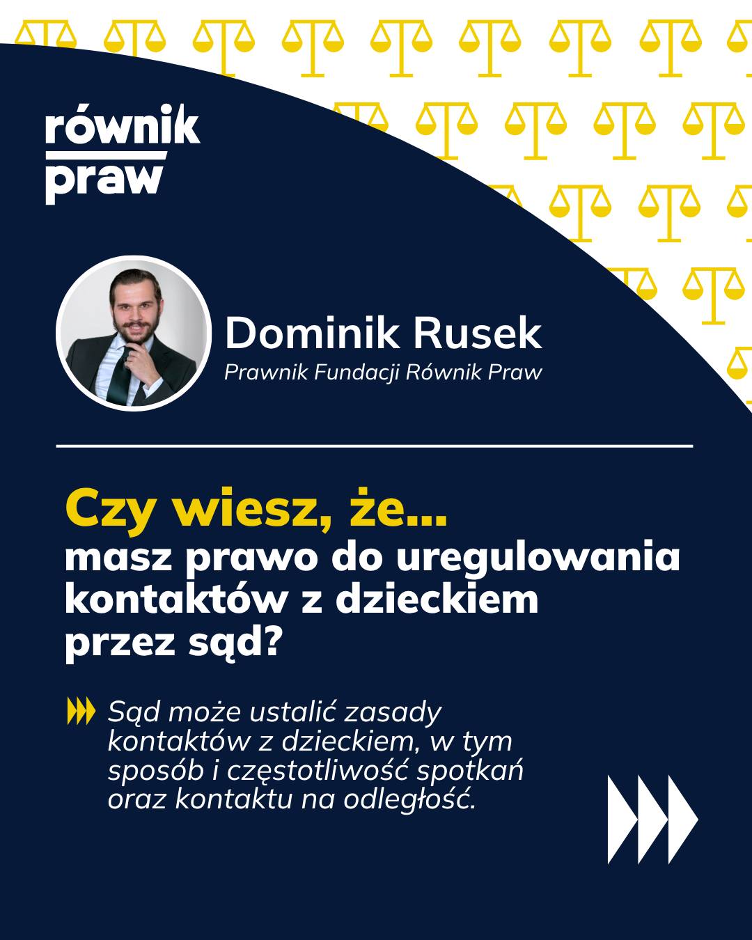 Nie zawsze rodzice potrafią porozumieć się w sprawie kontaktów z dzieckiem.
Czasami konflikt sprawia, że trudno ustalić, kiedy i w jaki sposób drugi rodzic będzie spotykał się z dzieckiem.
Jeśli rodzice nie mogą dojść do porozumienia, istnieje możliwość zwrócenia się do sądu o uregulowanie kontaktów. Przy podejmowaniu decyzji najważniejsze jest dobro dziecka.
W kolejnym wpisie z cyklu „Czy wiesz, że masz prawo do…” wyjaśniamy, jak wygląda uregulowanie kontaktów z dzieckiem przez sąd.
Masz pytania dotyczące prawa rodzinnego? Skontaktuj się z nami. Podczas indywidualnych konsultacji wspólnie przyjrzymy się Twojej sprawie i pomożemy zabezpieczyć to, co dla Ciebie najważniejsze.